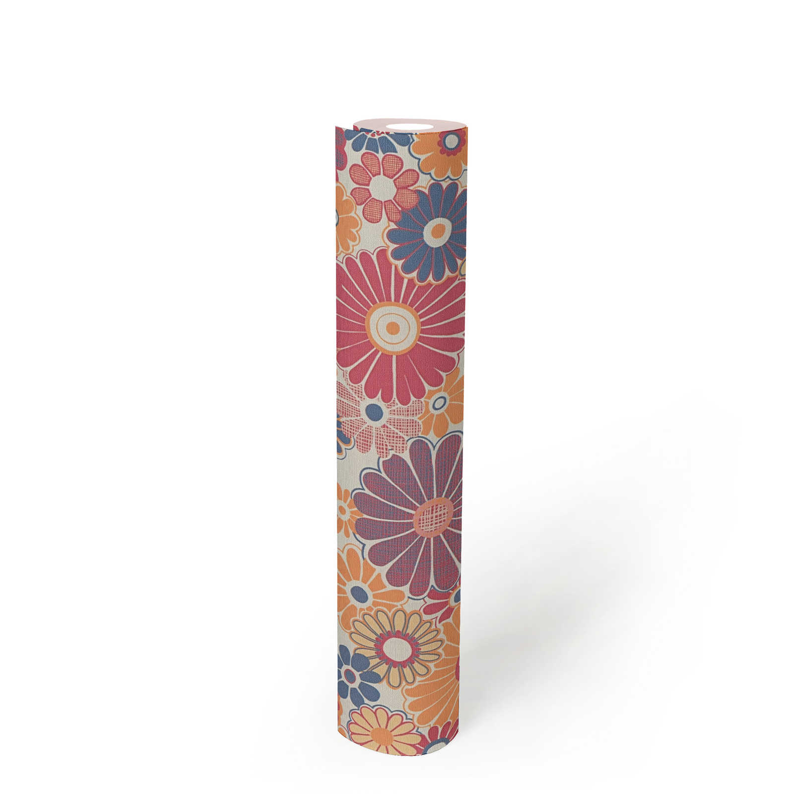 Retro Vliestapete mit floralem Muster – Rot, Blau, Orange