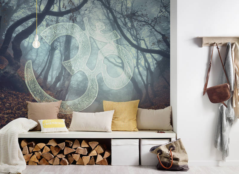             Ohm icon & leaf forest motif mural - blue, green, brown
        