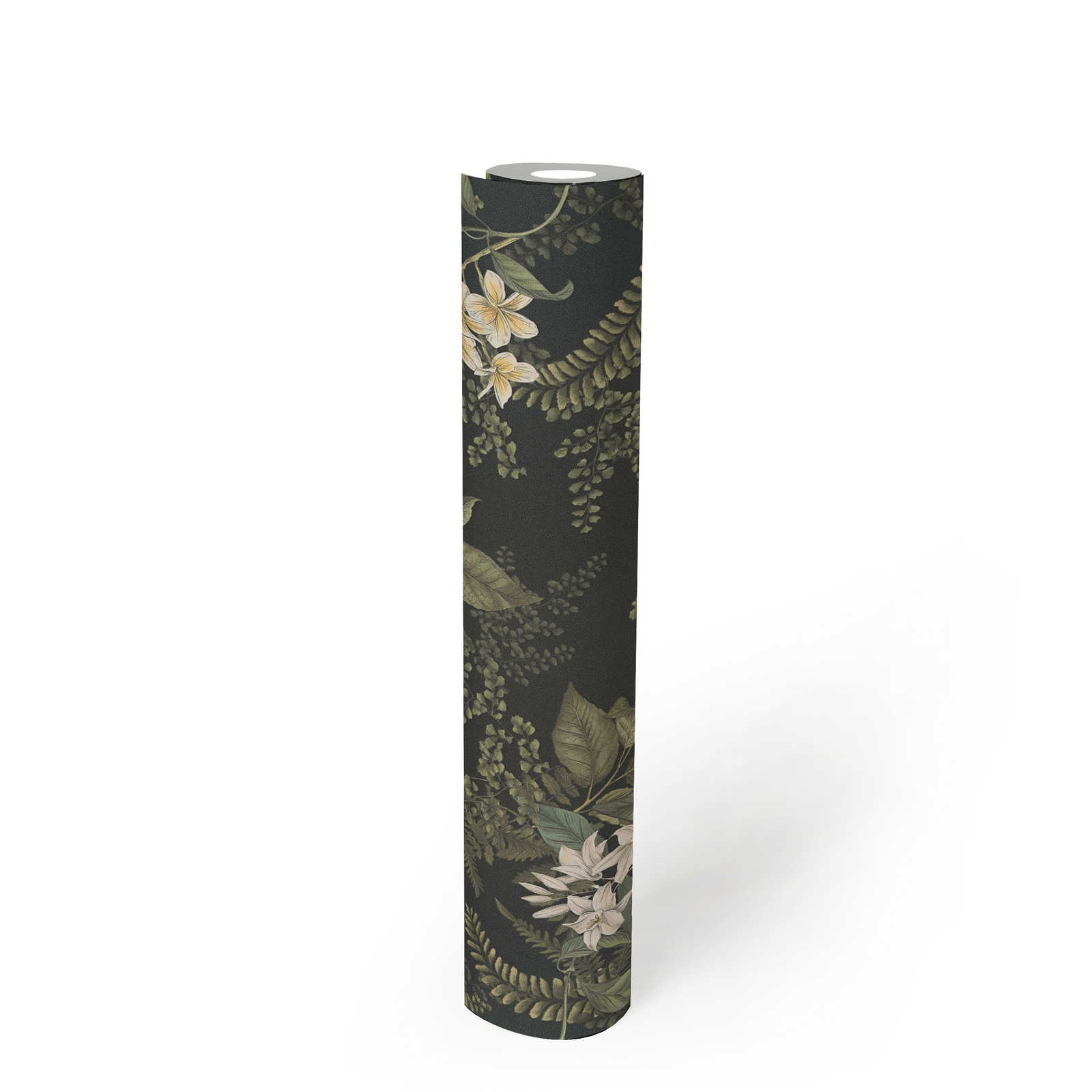 Moderne Tapete floral mit Blüten &amp; Gräsern strukturiert matt – Schwarz, Dunkelgrün, Weiß