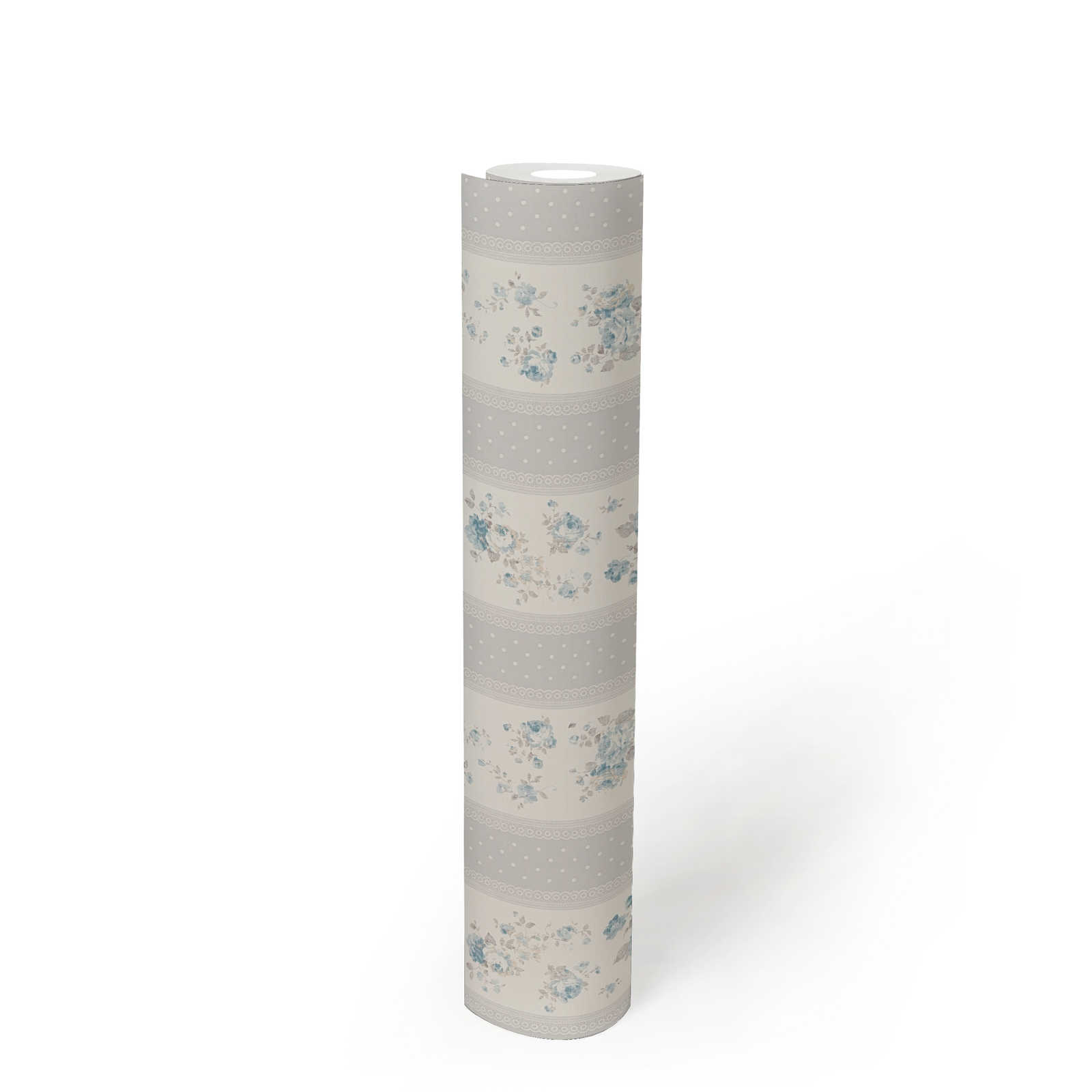 Vliestapete mit gepunkteten und floralen Streifen – Grau, Weiß, Blau