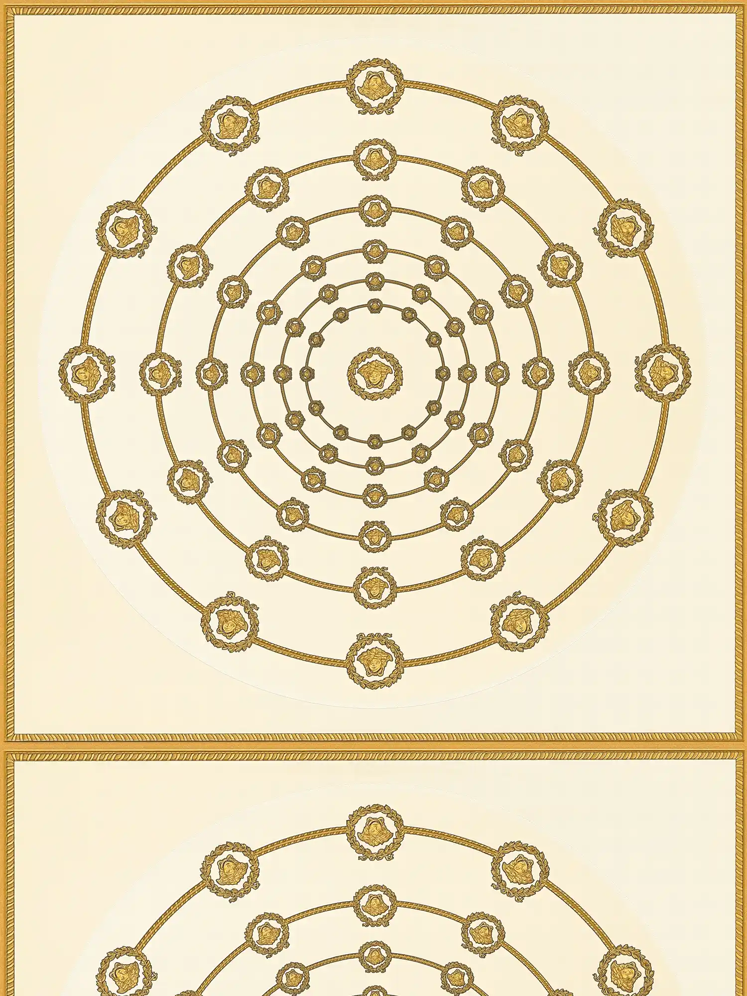         VERSACE non-woven wallpaper with circular Medusa ornaments slightly shiny slightly textured - white, gold, black
    