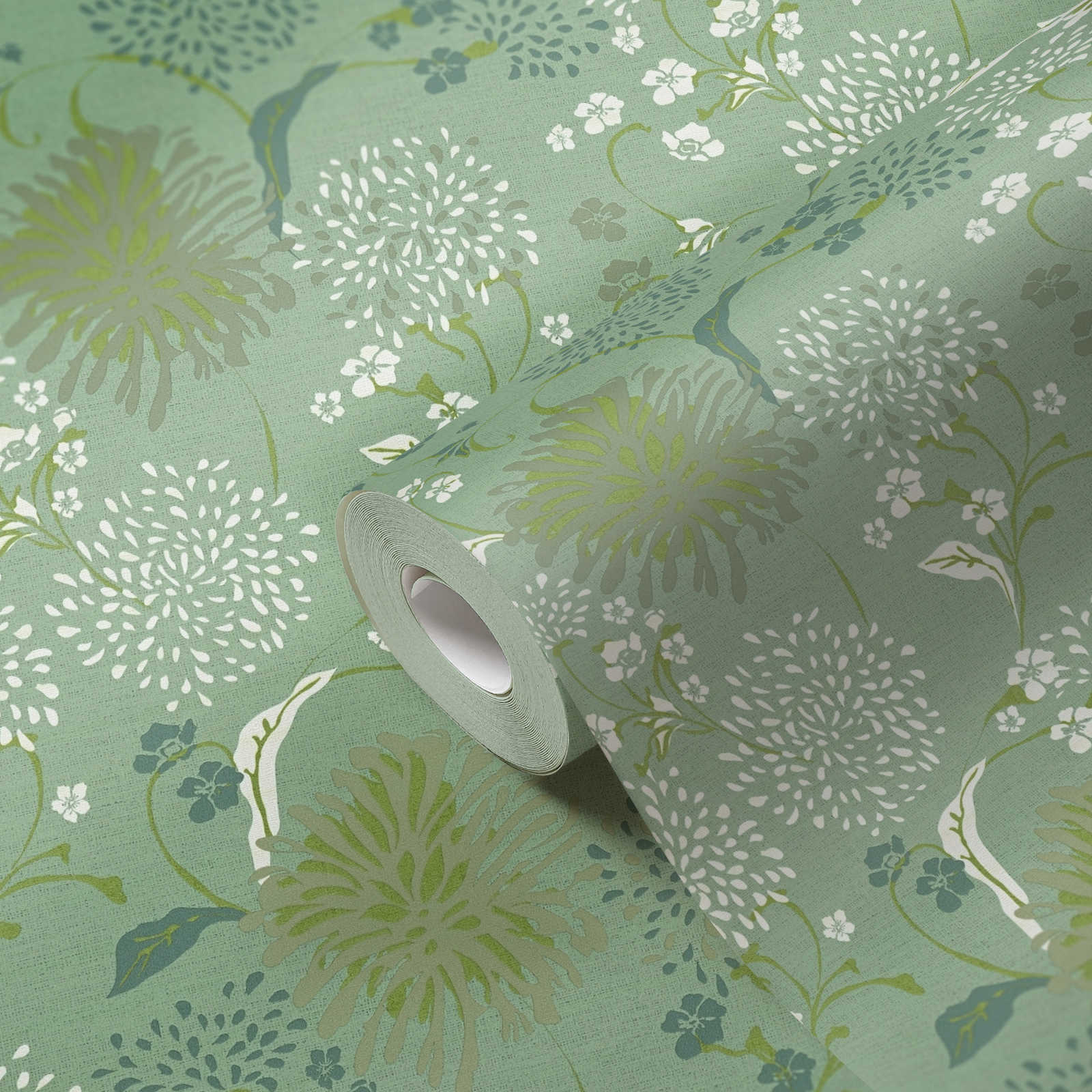Non-woven wallpaper with floral dandelion pattern - green, white