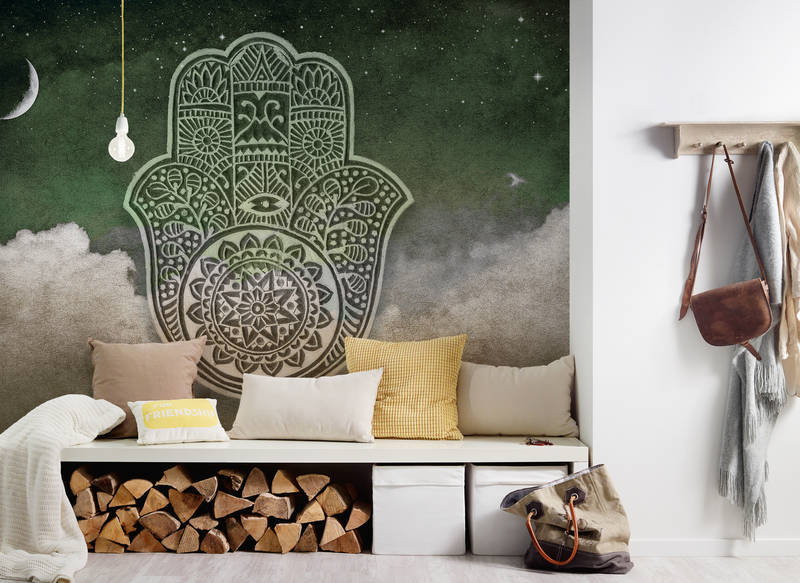             Boho mural Hamsa Hand, Clouds & Moon - Green, Beige, Brown
        