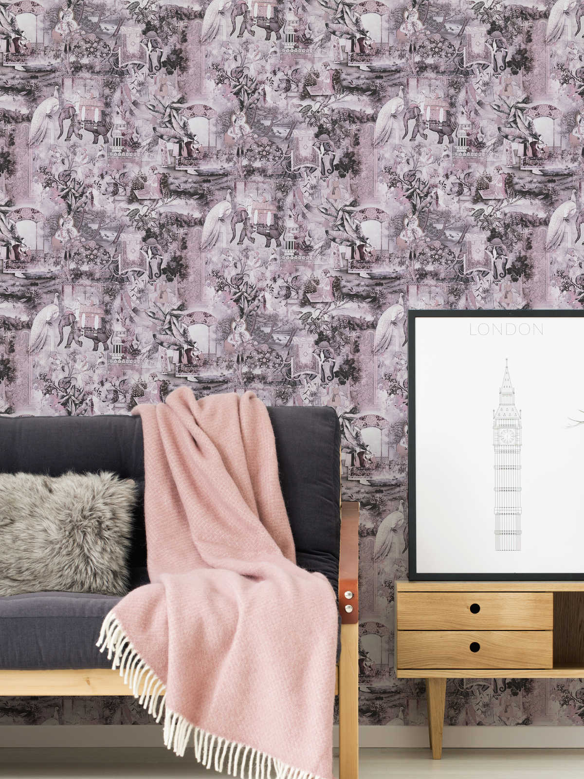             Vliestapete Indien mit Elefant & Vintage Muster – Rosa, Grau
        