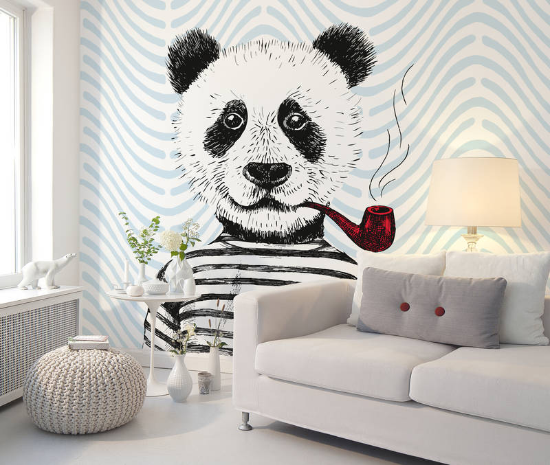            Papier peint bande dessinée pour chambre d'enfant motif panda - bleu, rouge, blanc
        