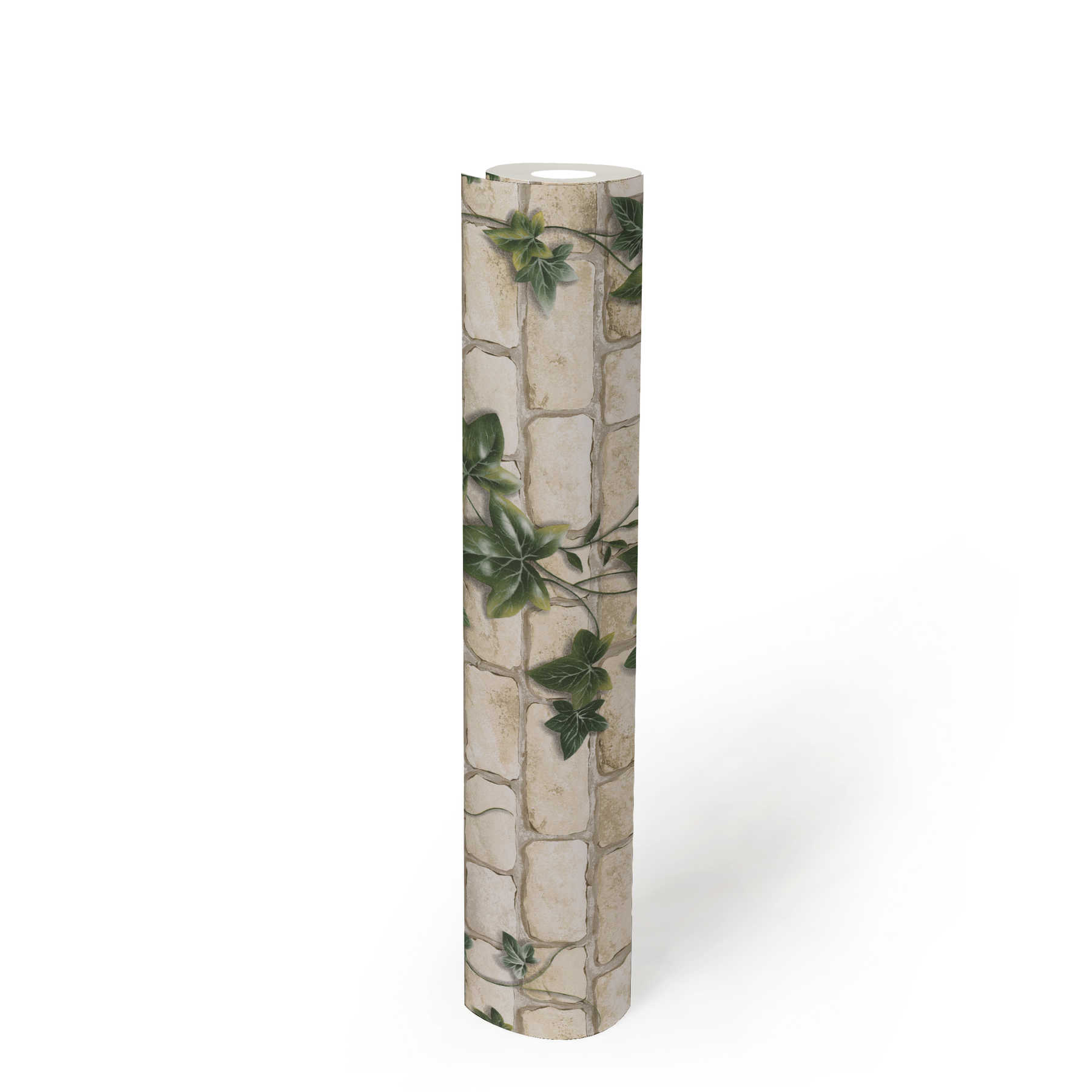             Tapete mit Mauerwerk & Efeu-Ranken, Steinoptik – Weiß, Grün
        