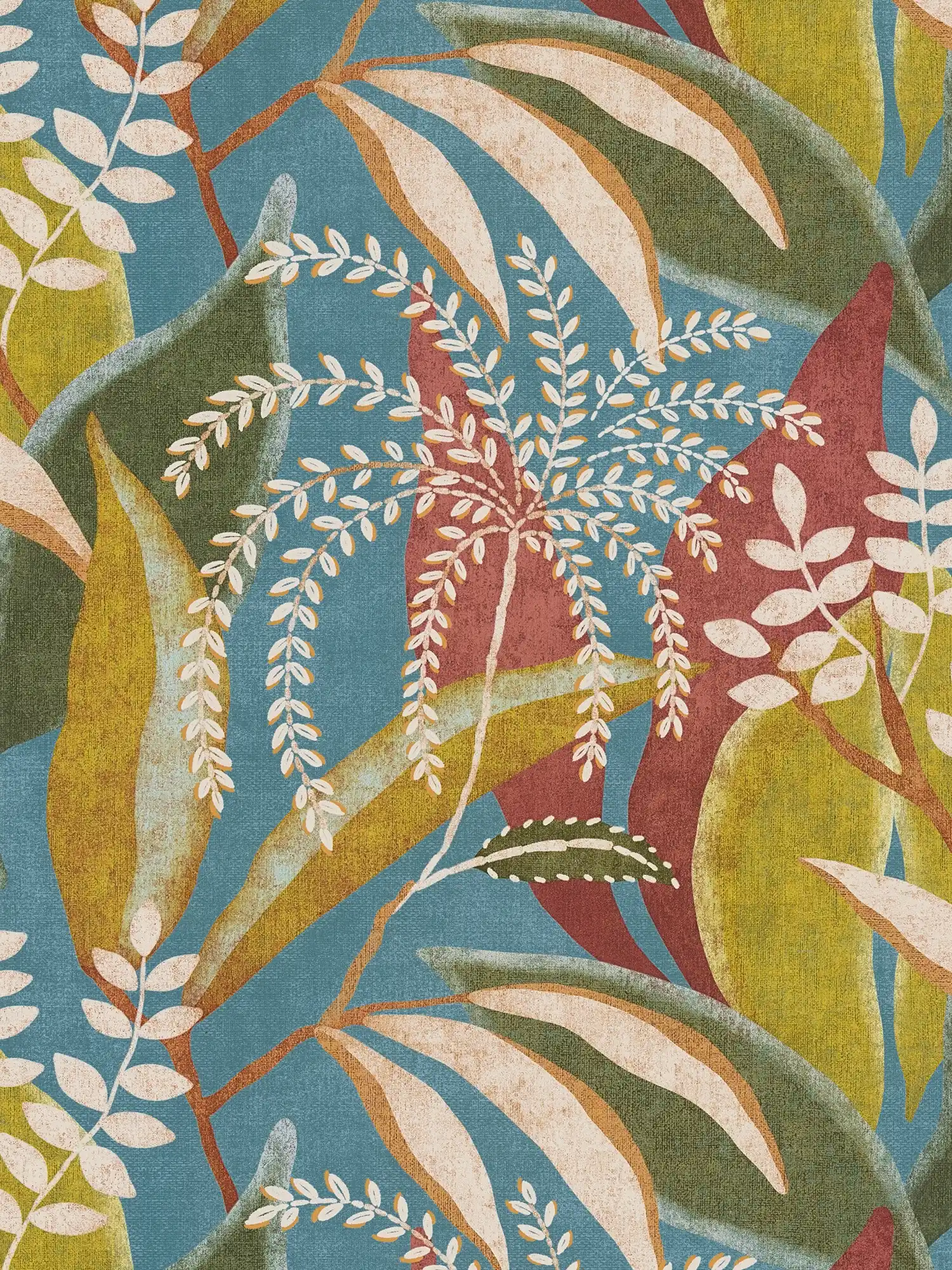 Vliestapete mit exotischem Pflanzenmotiv matt und fein strukturiert – Blau, Rot, Grün