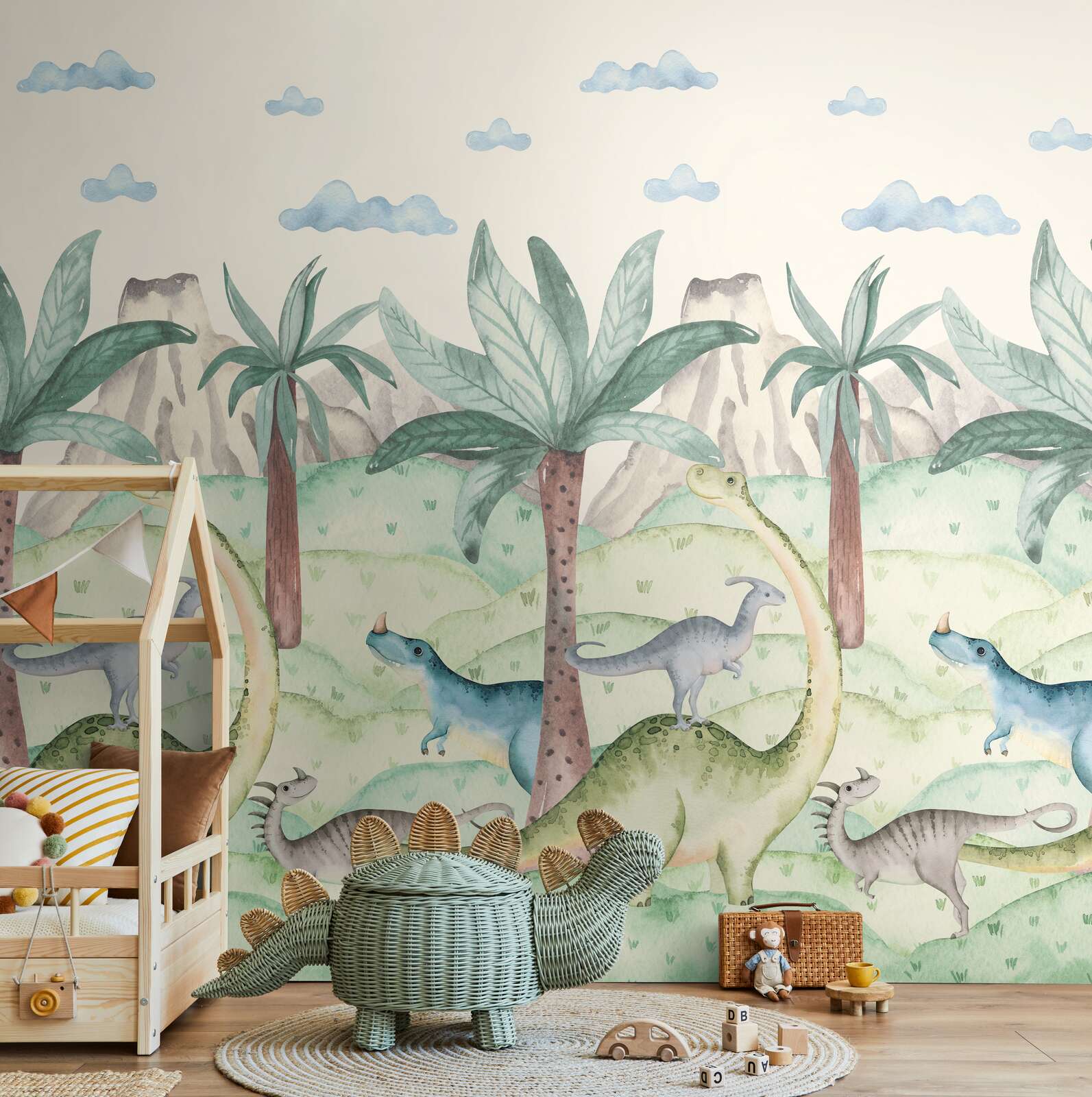 Kinderzimmer, Wandbild, Dinosaurier, Palmen, Spielzeug