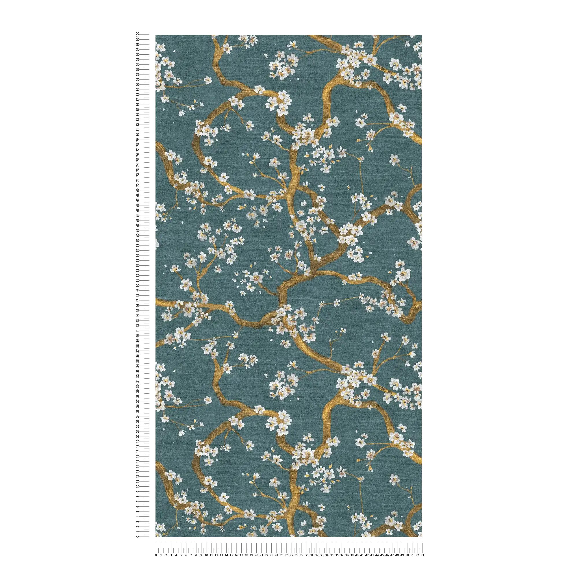 Elegante Vliestapete mit Kirschblütenmotiv, feiner Struktur – Blau, Gold, Creme