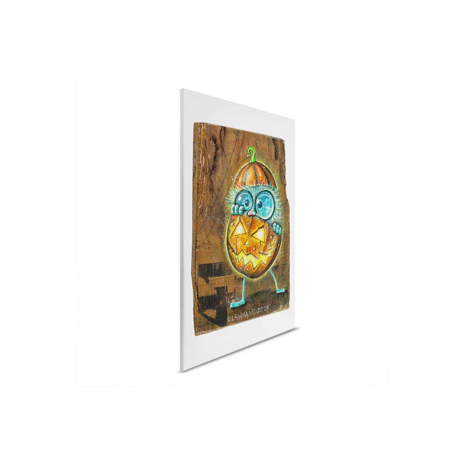         Glowing pumpkin canvas mural 0.7m wide x 0.5m high - Whimsical design with cheerful fantasy creature - Colourful
    