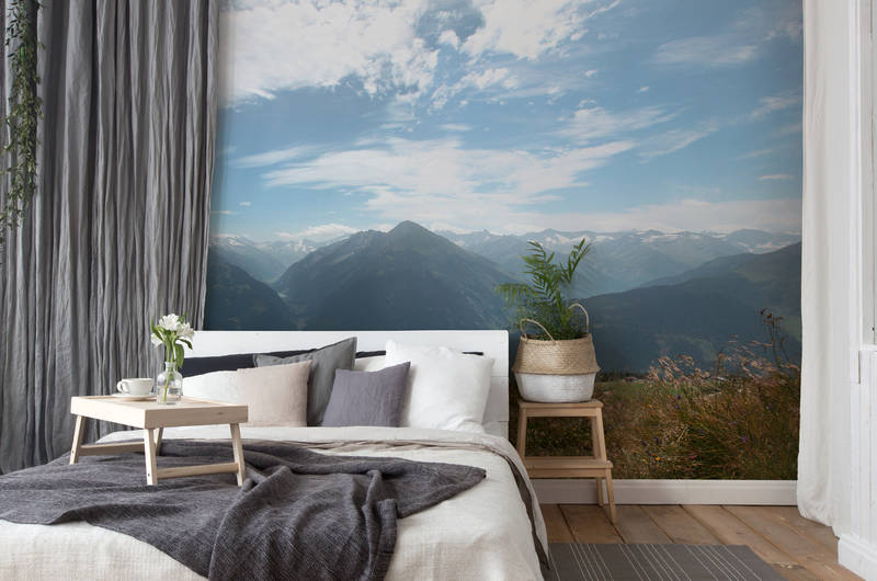 Bett, Wandtapete Landschaft, Bettwäsche, Kissen, Pflanze