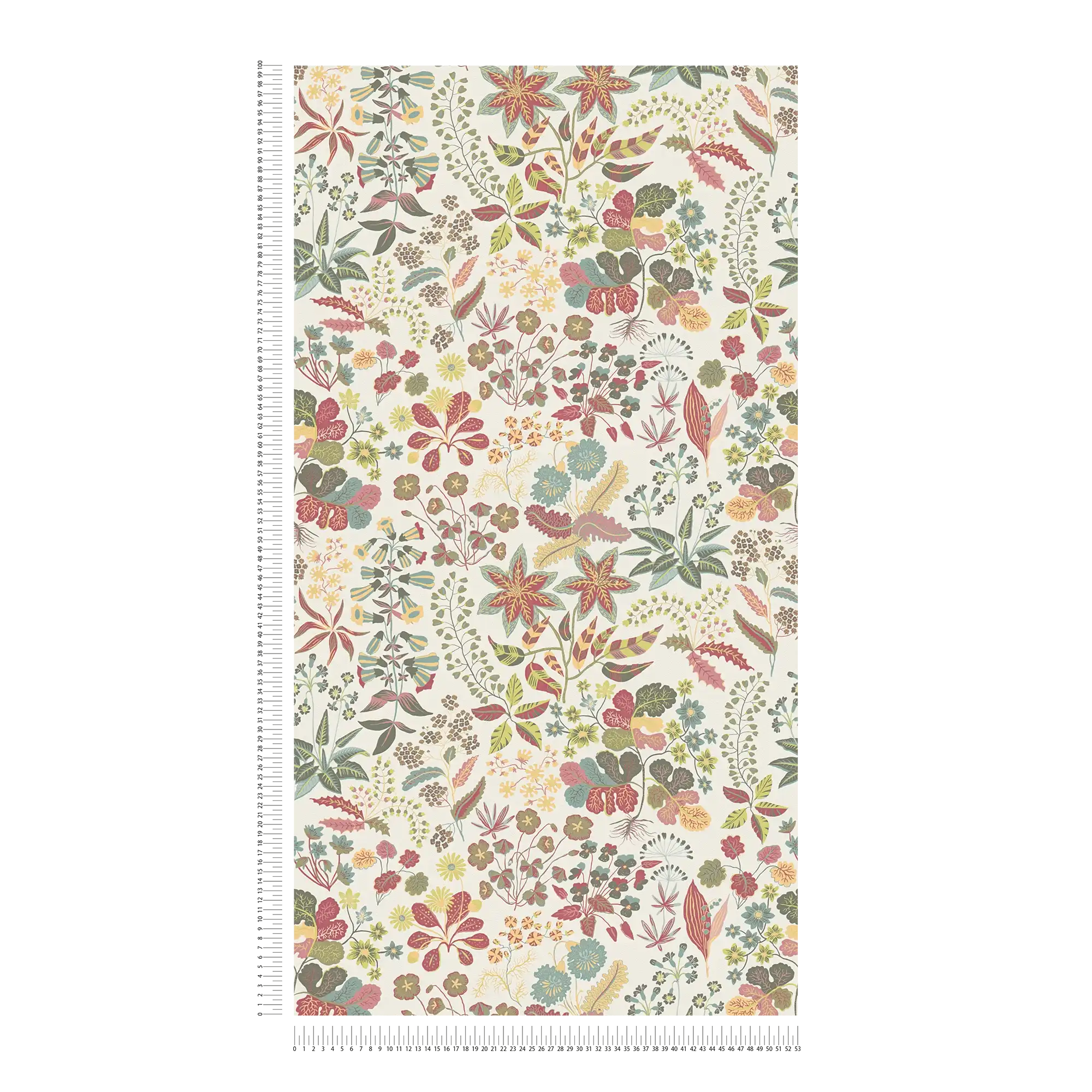             Blumentapete mit detailliertem Muster - Rot, Grün, Creme
        