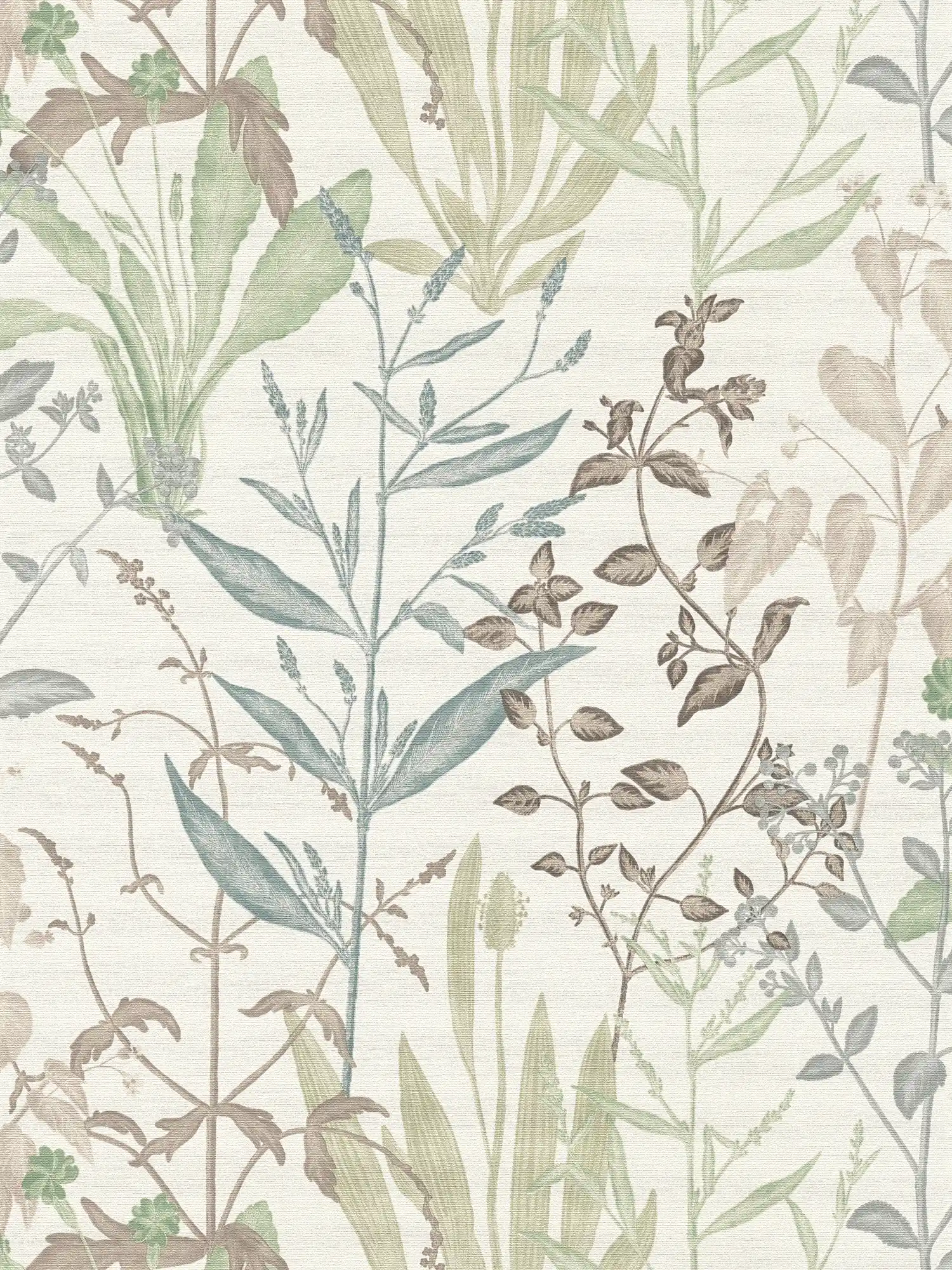         Naturnahe Vliestapete mit floraler Pflanzenzeichnung leicht strukturiert – Braun, Grün, Weiß
    