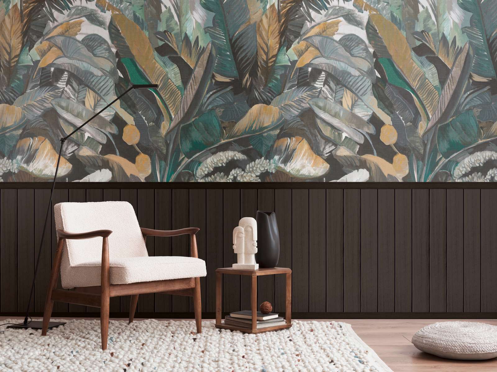             Vlies-Motivtapete mit Holz-Optik-Sockelborte und Dschungelmuster – Schwarz, Grün
        