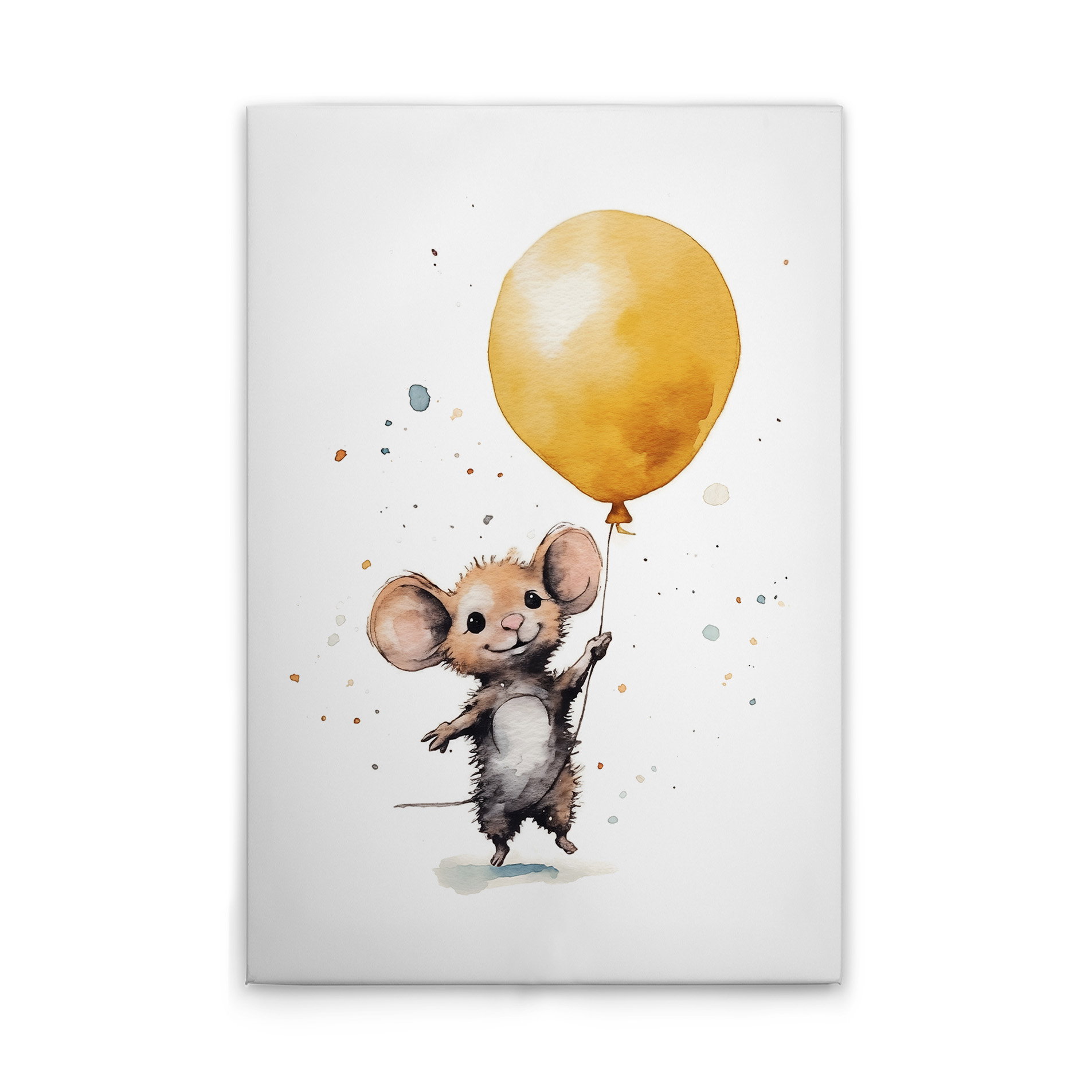 Lustige Maus mit gelbem Ballon - Kinderzimmer Leinwandkunst für Groß und Klein – 30 x 45 cm - Weiss, Braun