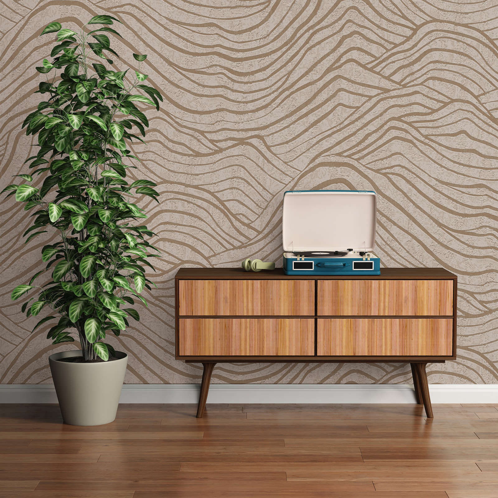             Tapete mit asiatischem Hügel Muster– Beige, Gold, Grau
        