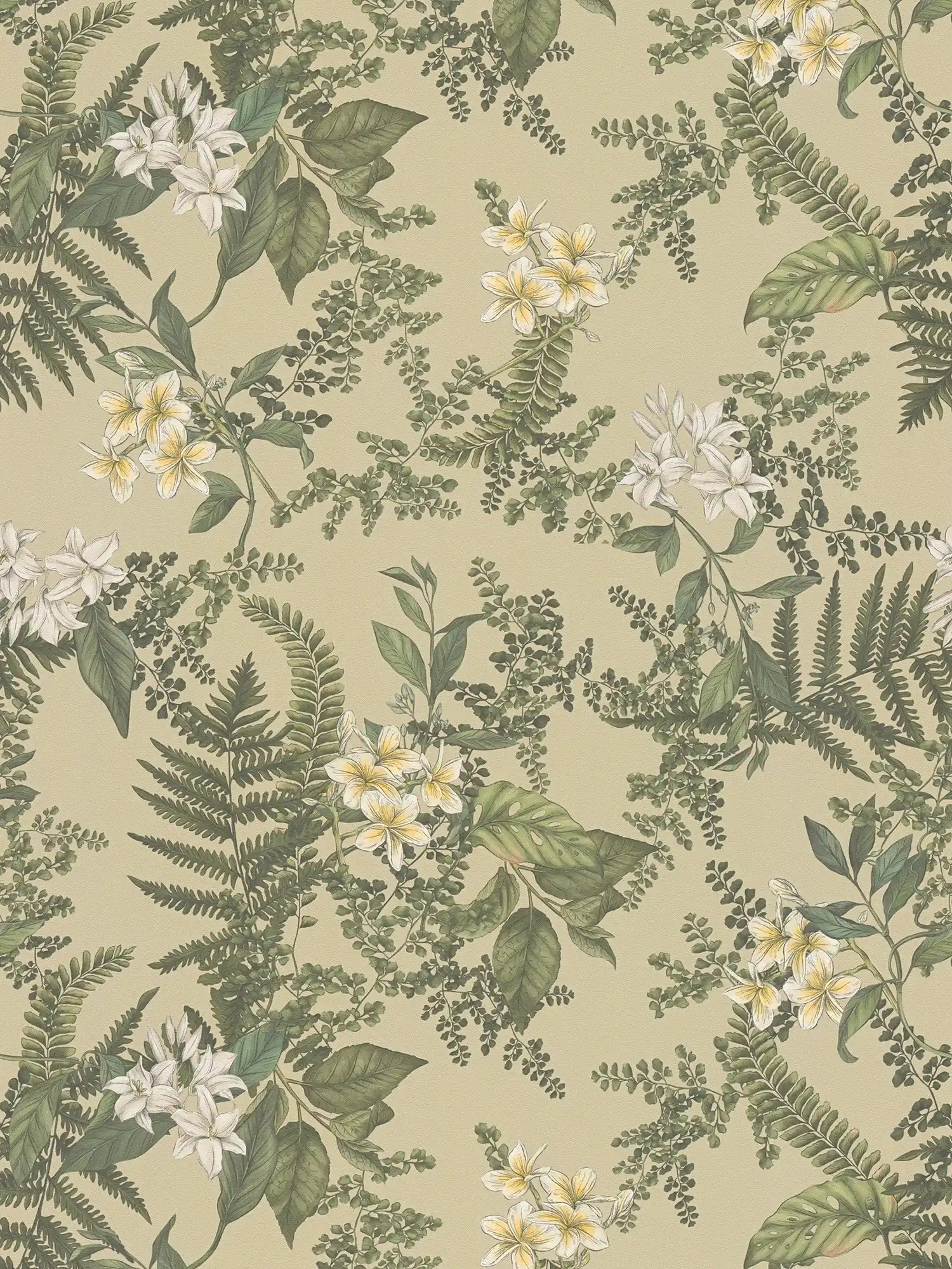         Tapete im floralen Stil mit Blüten & Gräsern strukturiert matt – Grün, Dunkelgrün, Weiß
    