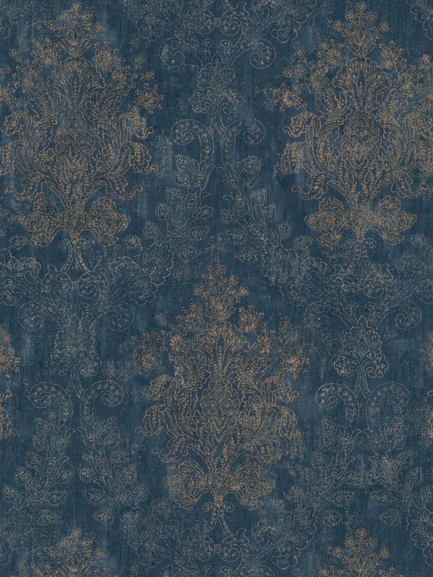 Klassisches Ornamentdessin als Vliestapete mit moderner Tiefenwirkung glänzend - Blau, Metallic