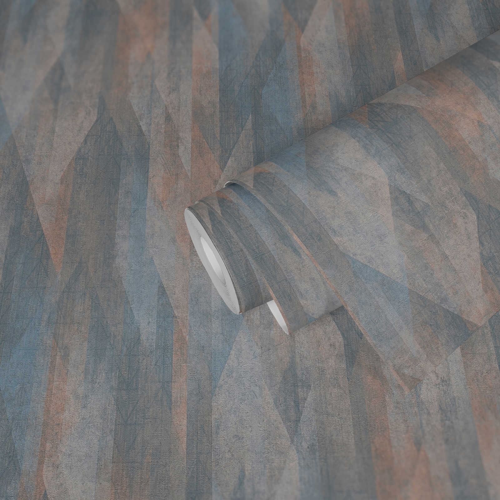             Vliestapete mit Vintage-Rautenmuster – Blau, Beige
        