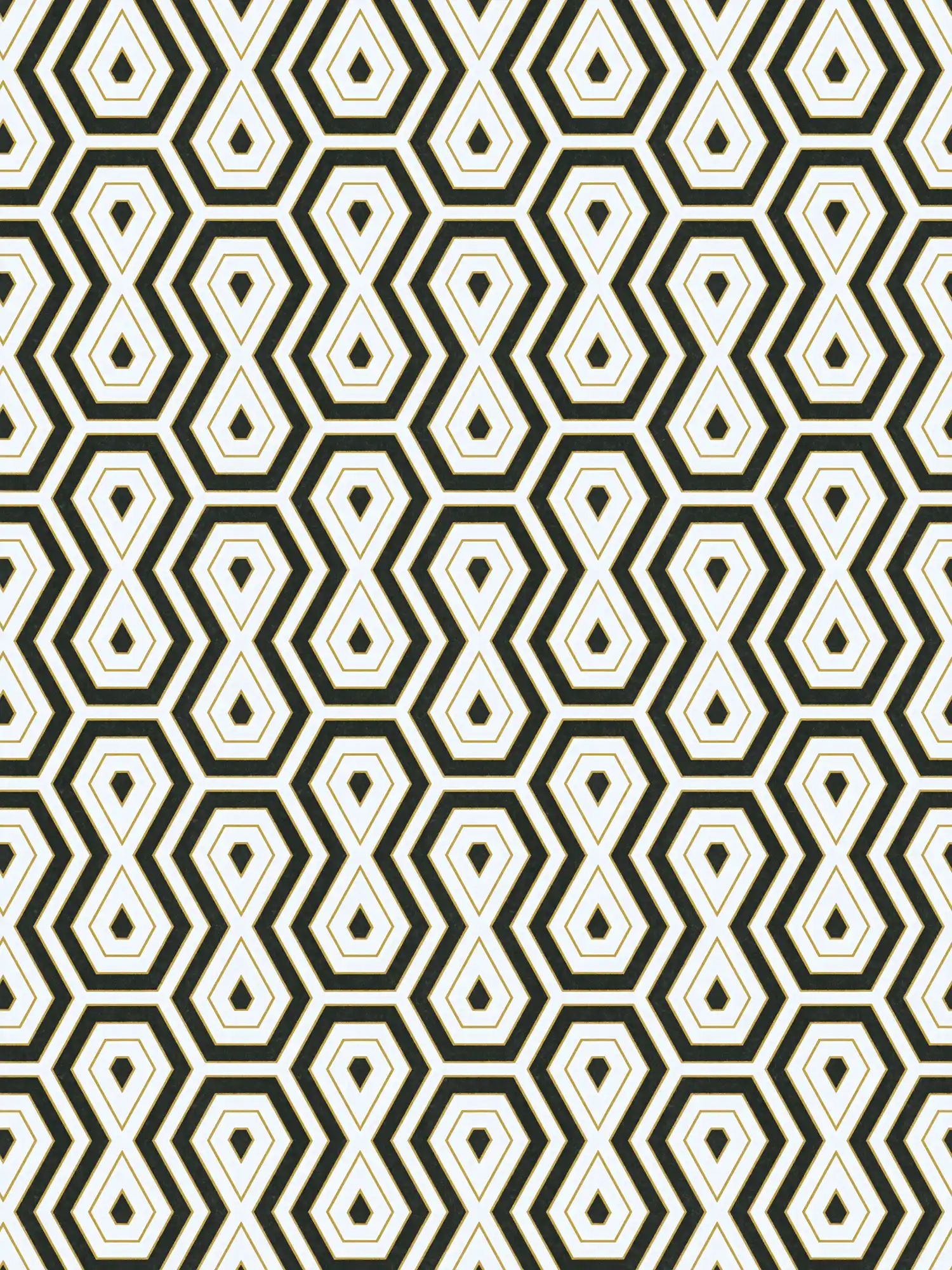         Papier peint noir et blanc avec des accents dorés et un design graphique rétro
    