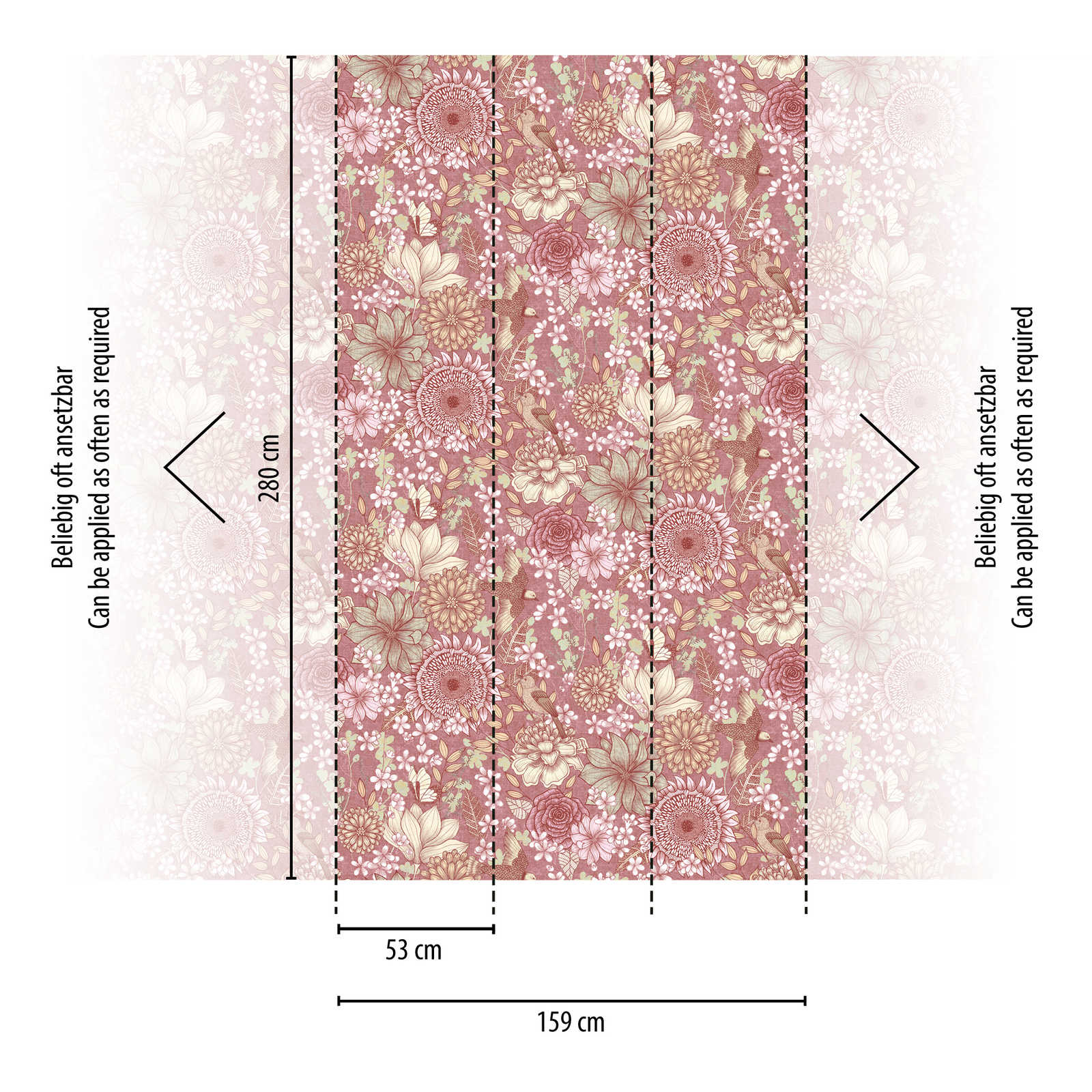 Florale Vliestapete mit verschiedenen Blüten und Blättern – Rosa, Weiß, Creme