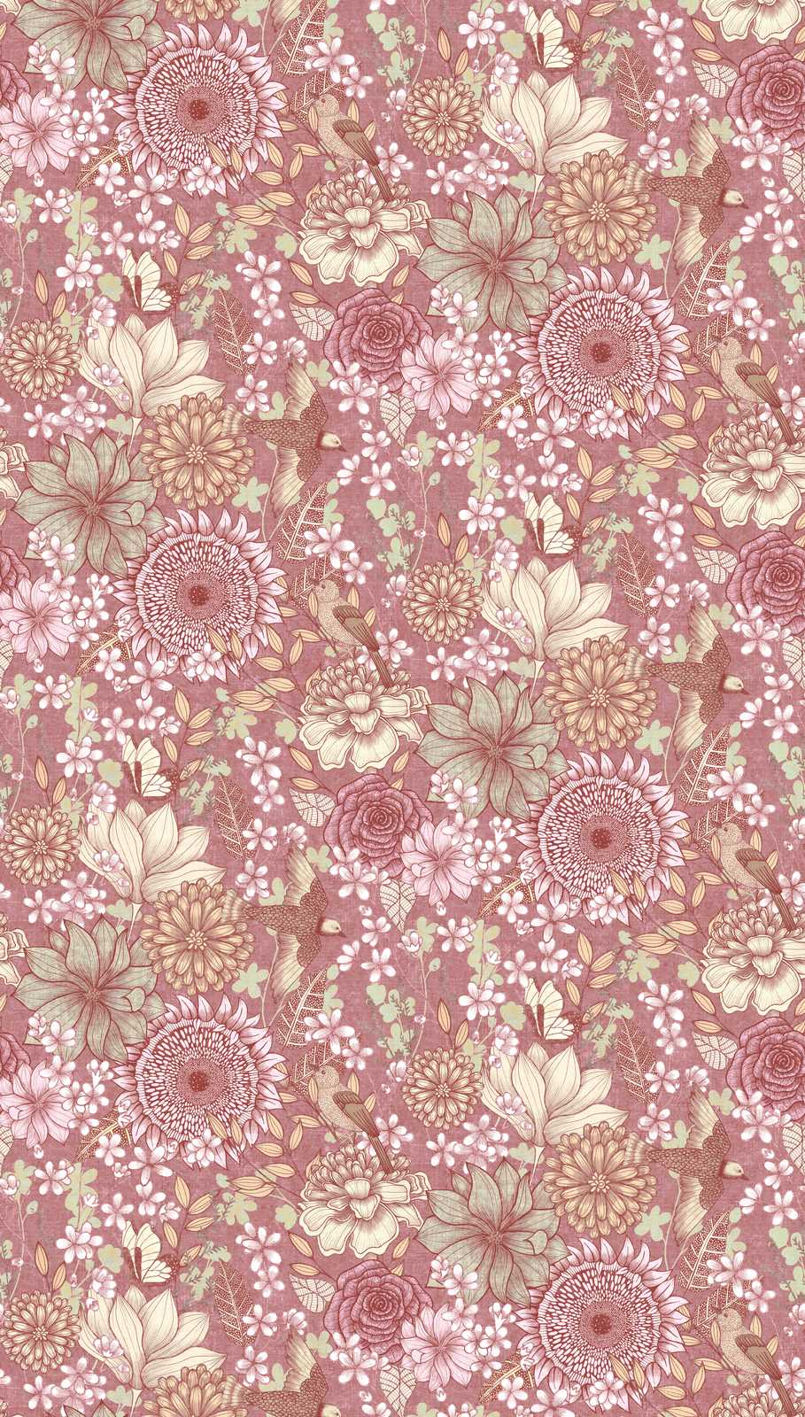 Florale Vliestapete mit verschiedenen Blüten und Blättern – Rosa, Weiß, Creme