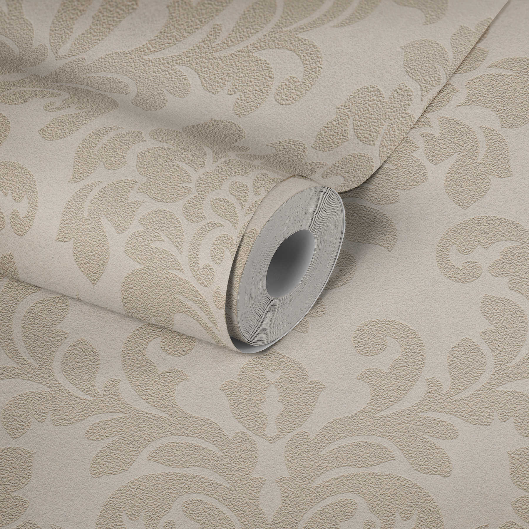             Florale Ornamenttapete mit Metallic-Effekt – Beige, Creme, Gold
        