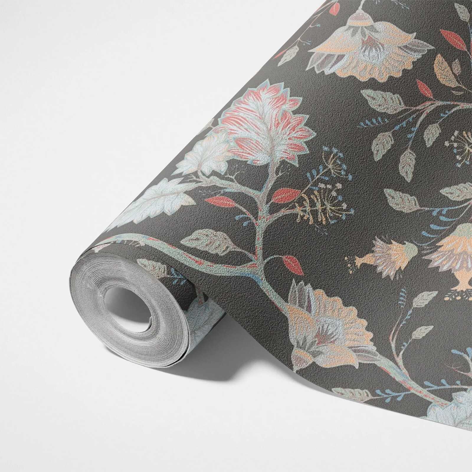             Florale Vliestapete mit gedeckten Farben - Rot, Grün, Schwarz
        