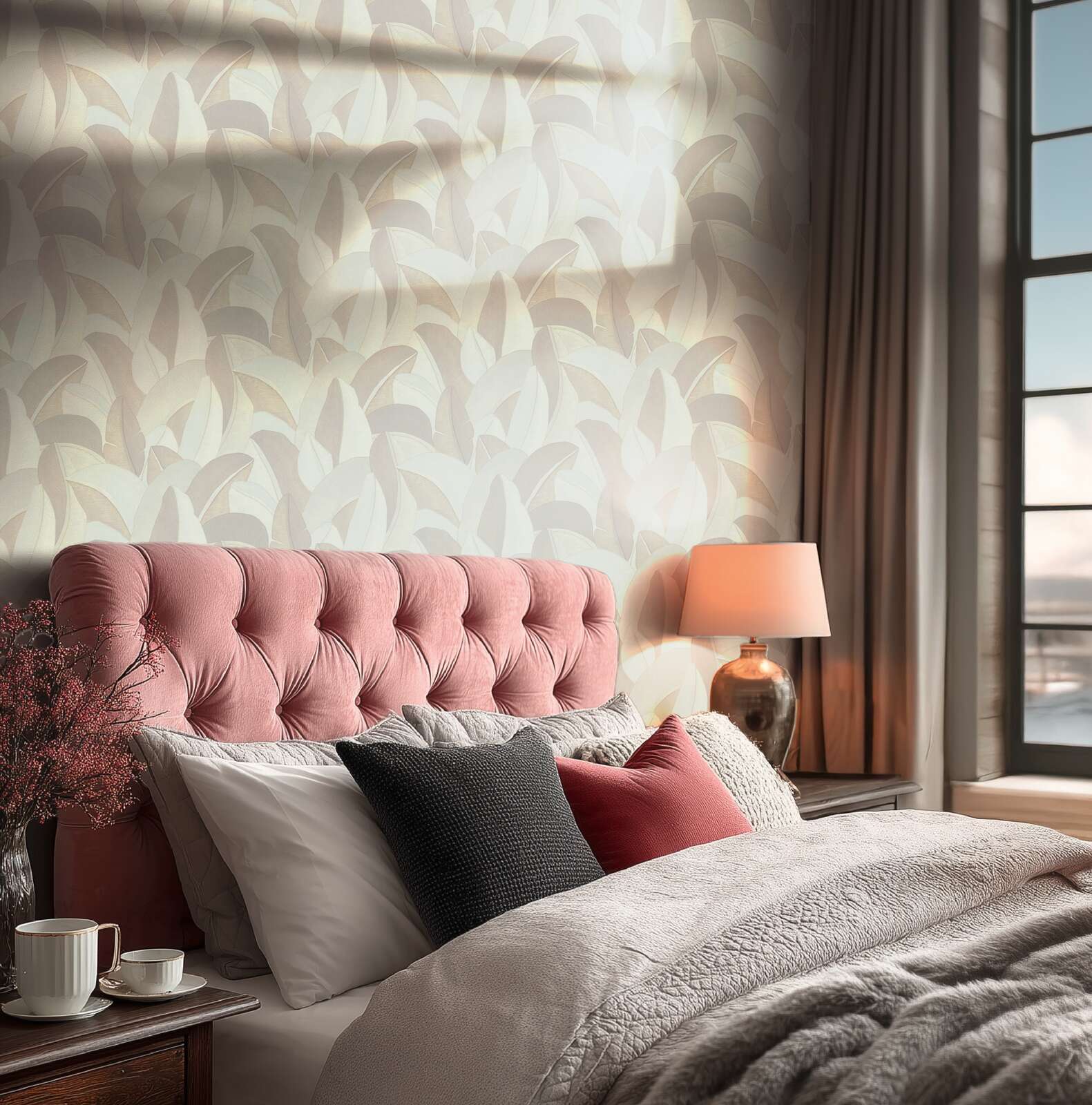 bett, kopfleiste, pink, mustermuster, lampe