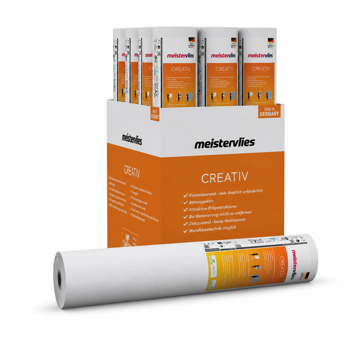 modular display, wallpaper roll, orange box, creativ, meistervies