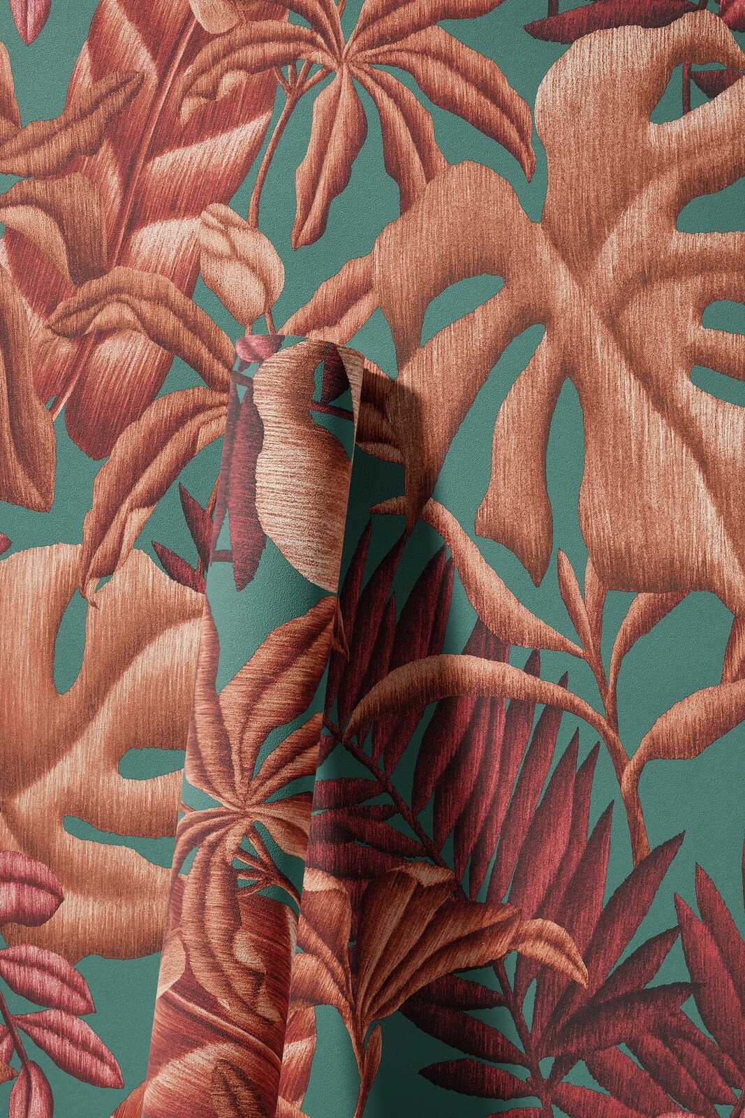             Onderlaag behang met grootschalig bladmotief varen & bananenbladeren - rood, oranje, turkoois
        