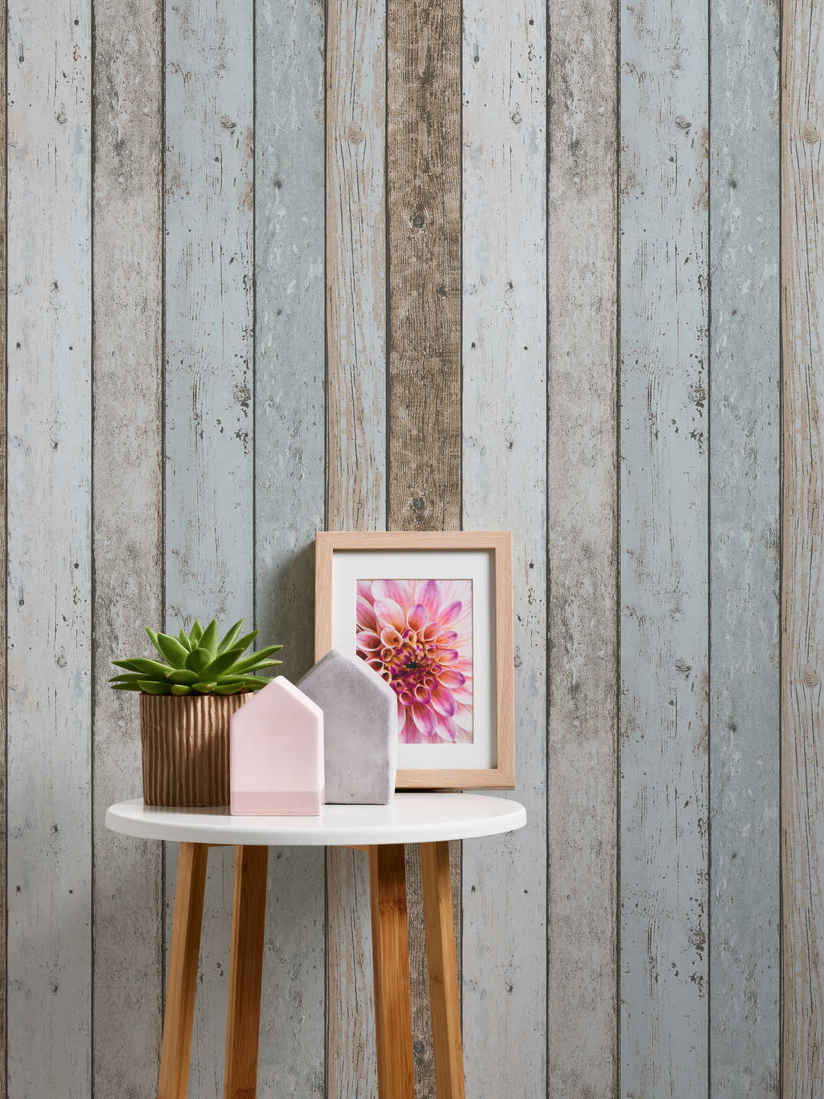 Holztapete im Shabby Chic &amp; Boho Stil – Blau, Braun