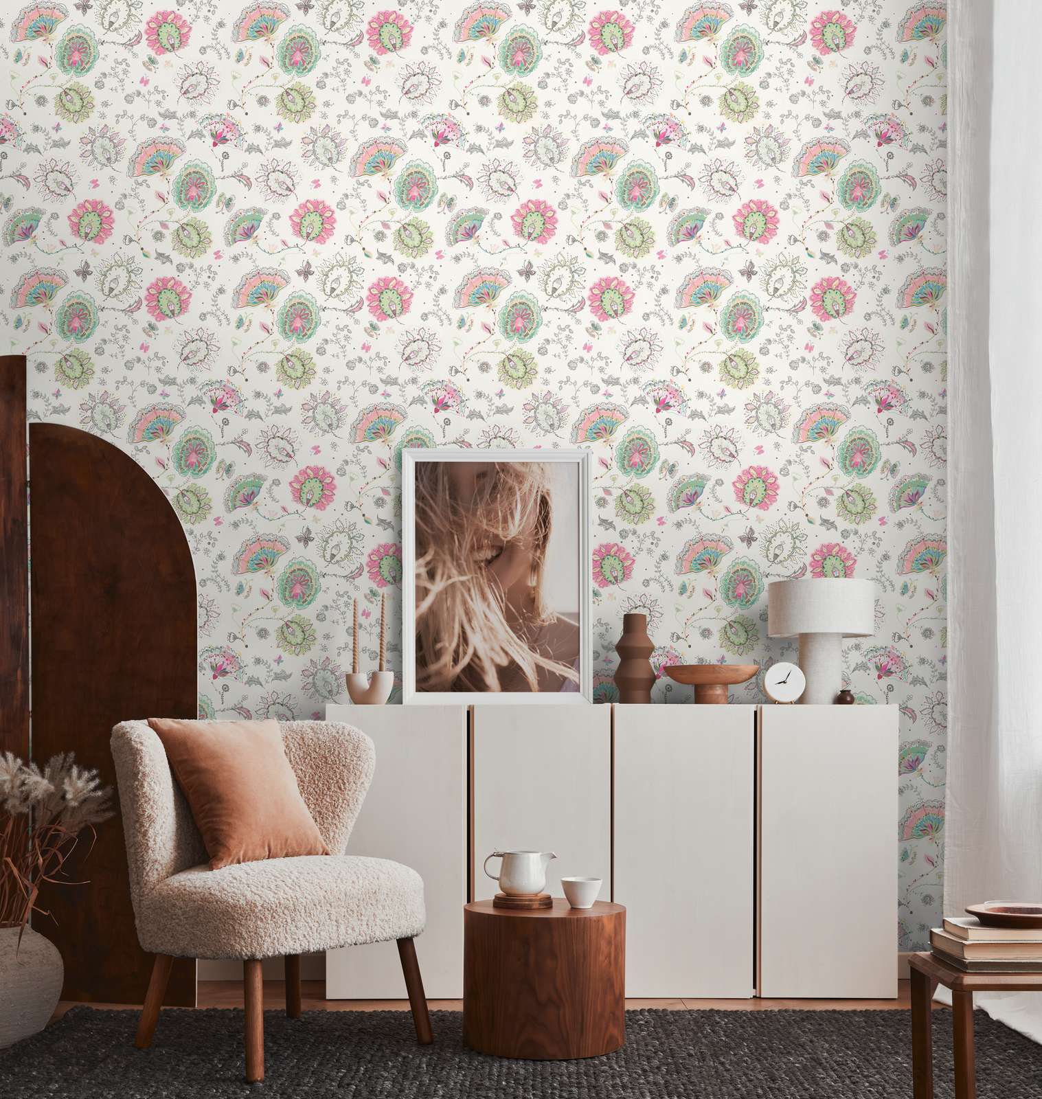 Floral pattern wallpaper in bold colours - cream, green, pink