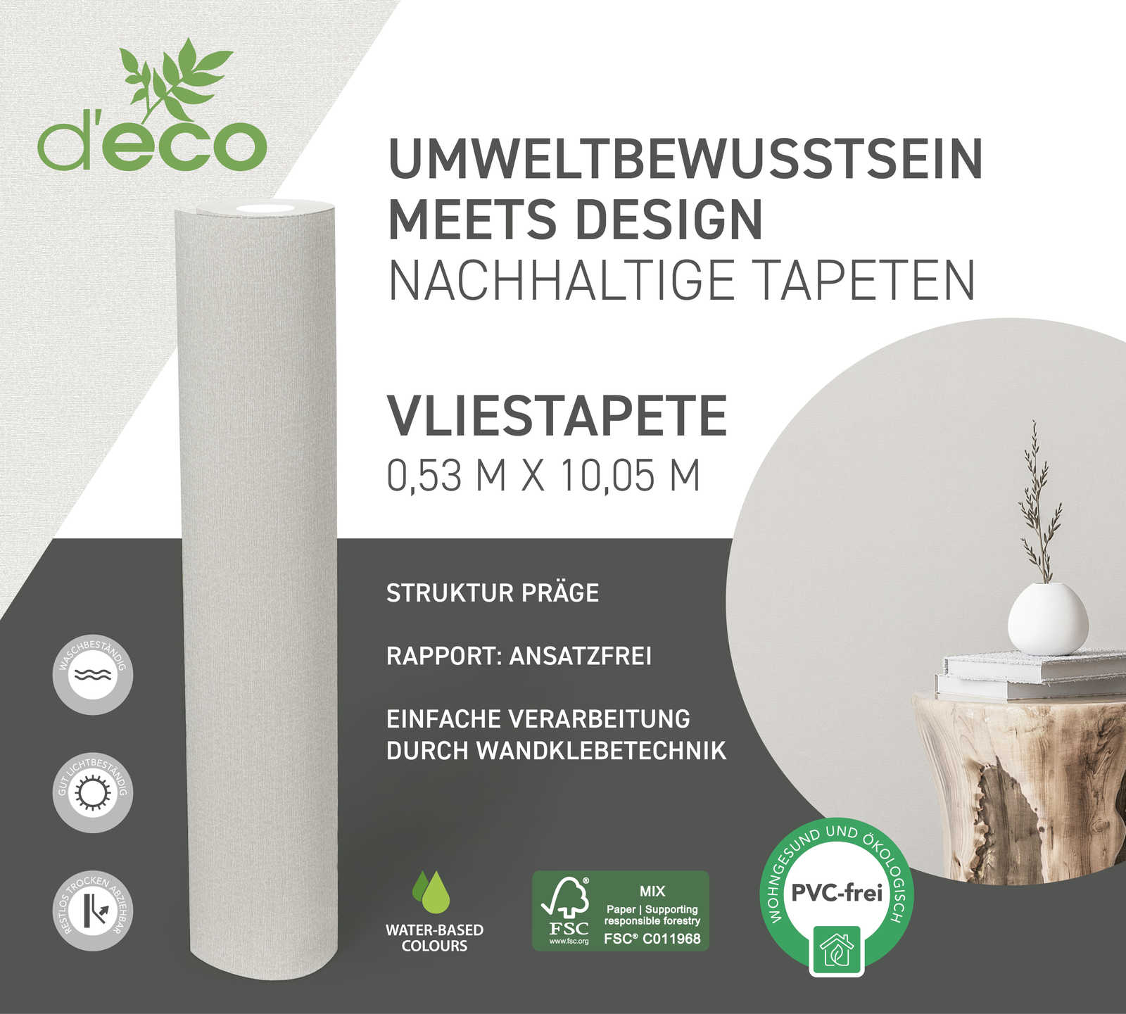             PVC-freie Glanztapete mit getupftem Muster – Grau, Weiß
        