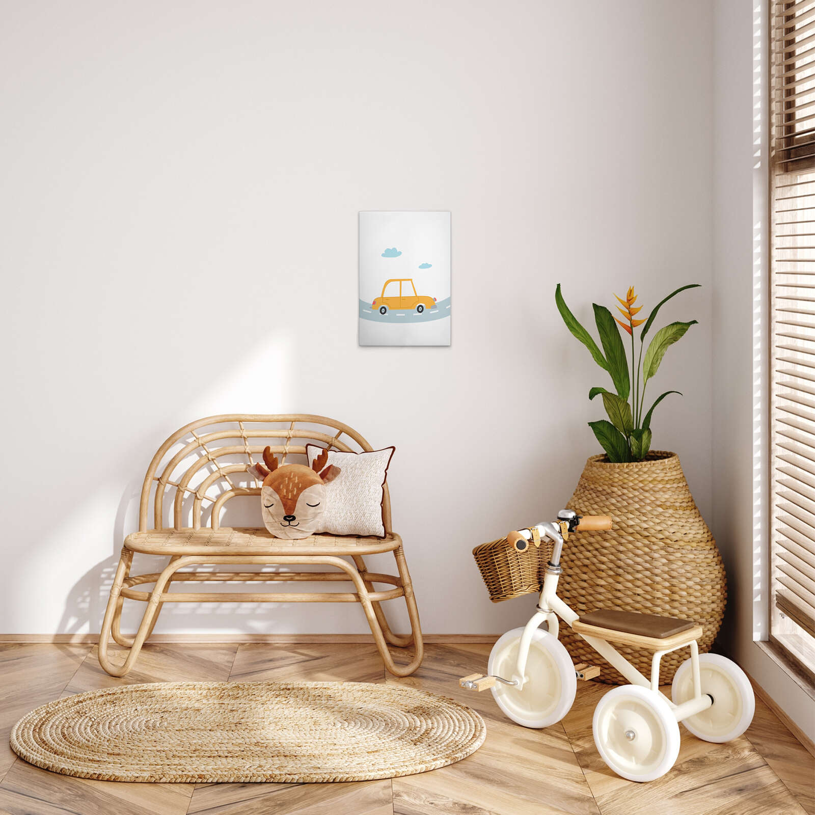             Fröhliches gelbes Auto - Leinwandbild für Kinderzimmer – 30 x 45 cm - Weiss, Gelb
        