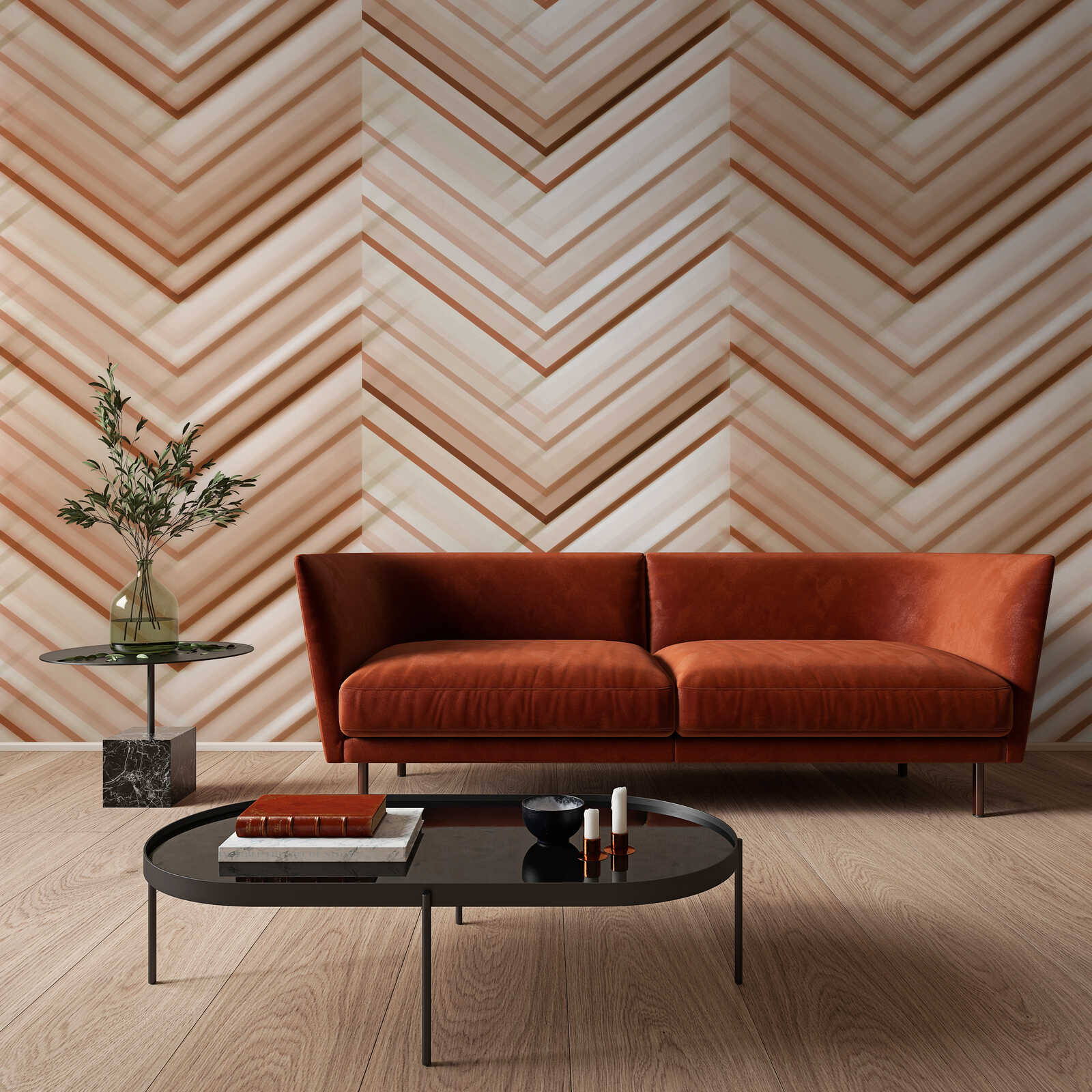 Sofa, Couch, Velvet, Kupfer-Orange, Geometrische Tapete
