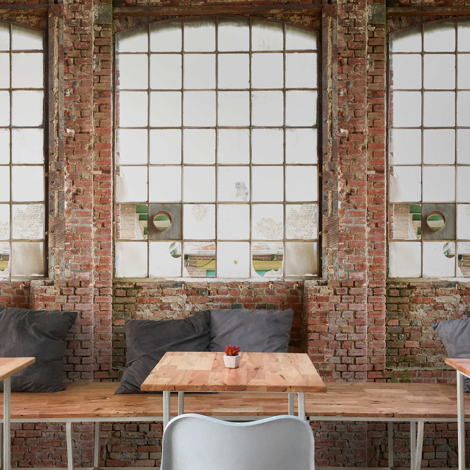         Onderlaag behang met uitsnede van een oud fabrieksraam - Bruin, Crème, Beige
    