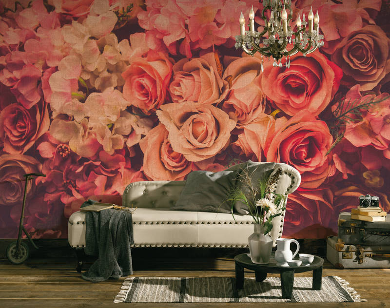             Romantisches Rosenmotiv in Leinenoptik – Rosa, Grün
        