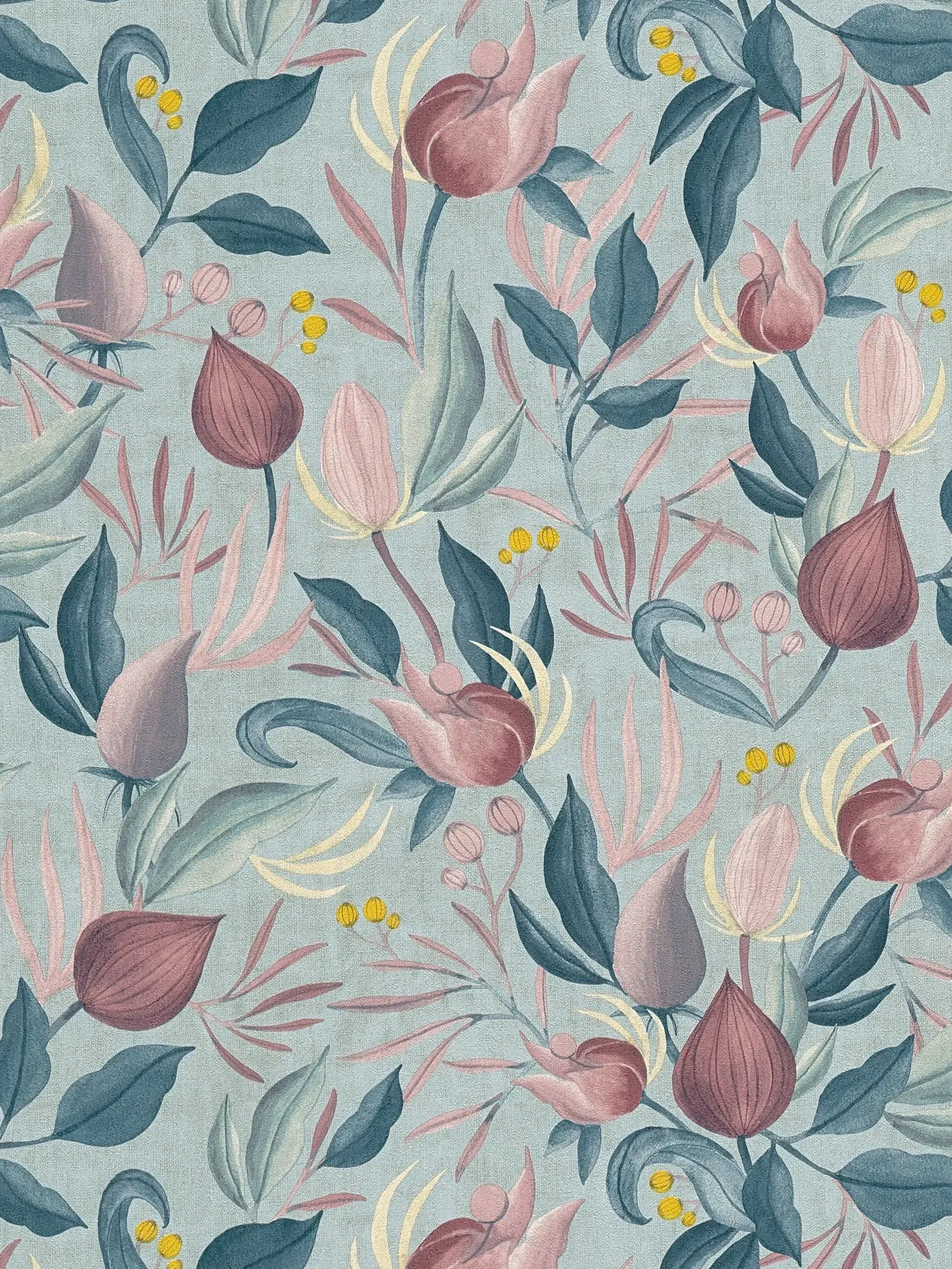 COSMOLiving - Traumhafte Botanik-Tapete in Pastell mit exotischen Blüten auf sanftem Blau – Blau, Rosa, Pink