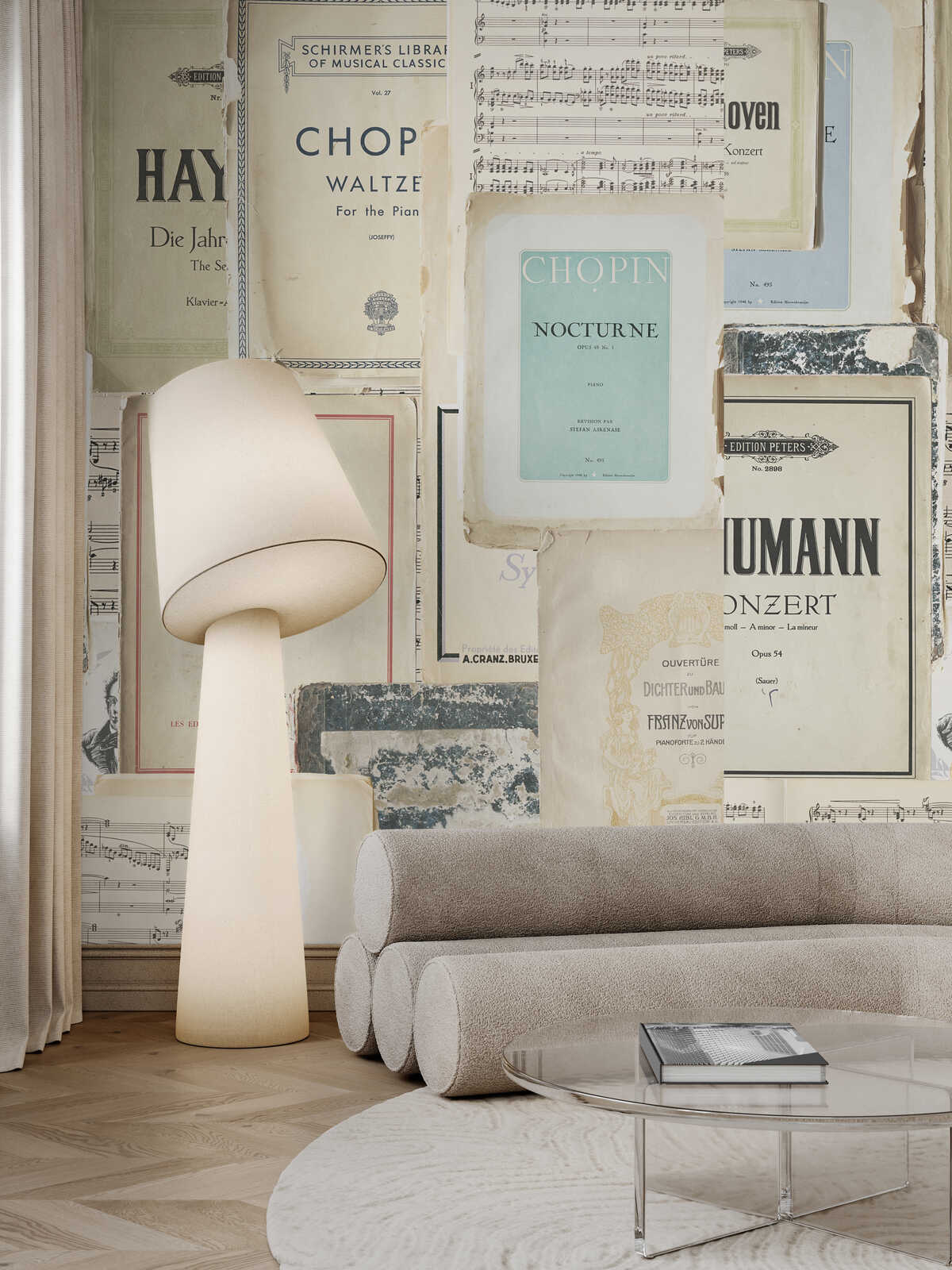 Mushroom-Lampe, Standlampe, Sofa, Kissen, Couchtisch