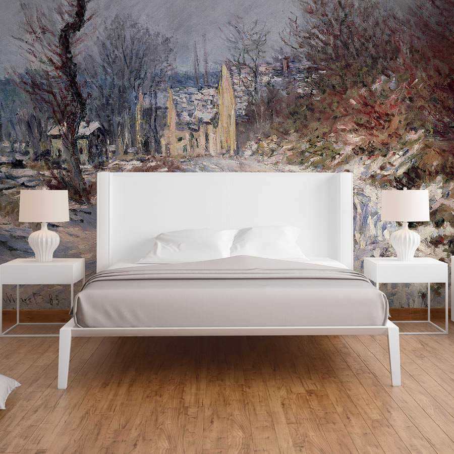 bett, Kopfteilbett, weißes Bettgestell, Nachtisch, Lampen, Wandbild Mural, Holzboden