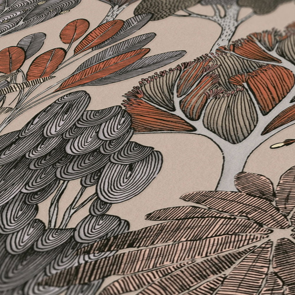             Tapete Braun Beige mit floralem Muster im Doodle Look – Beige, Rot, Orange
        