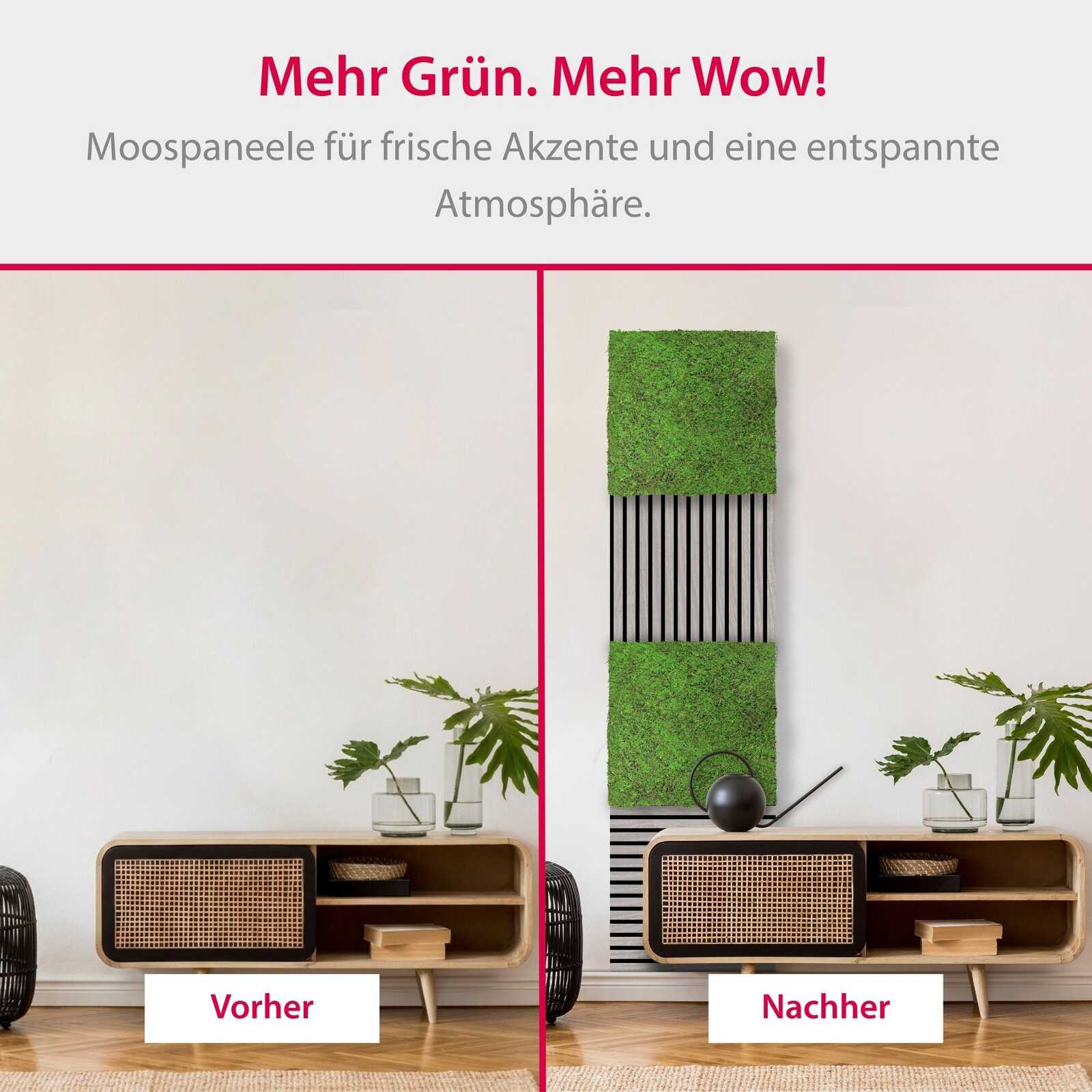 wohnzimmer, moospaneele, grüne wandverkleidung, bodenboard, tv-lowboard