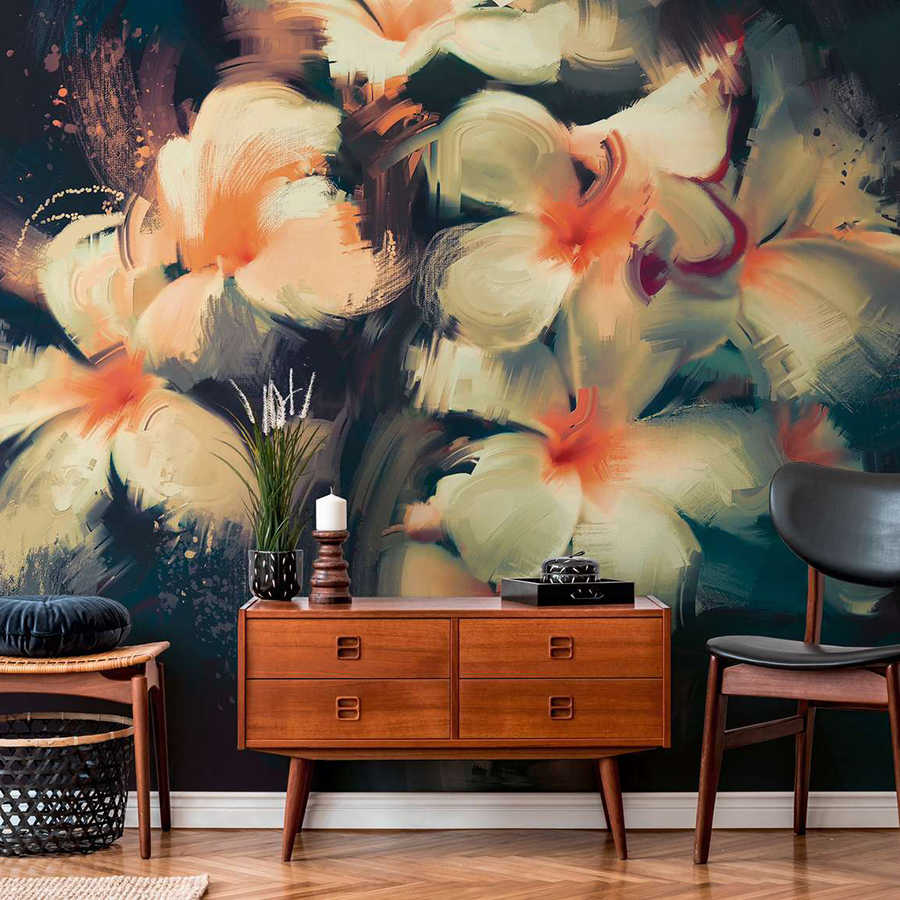 Blumen-Mural, große Blüten, abstrakte Kunst, Holzsideboard, Wohnkultur