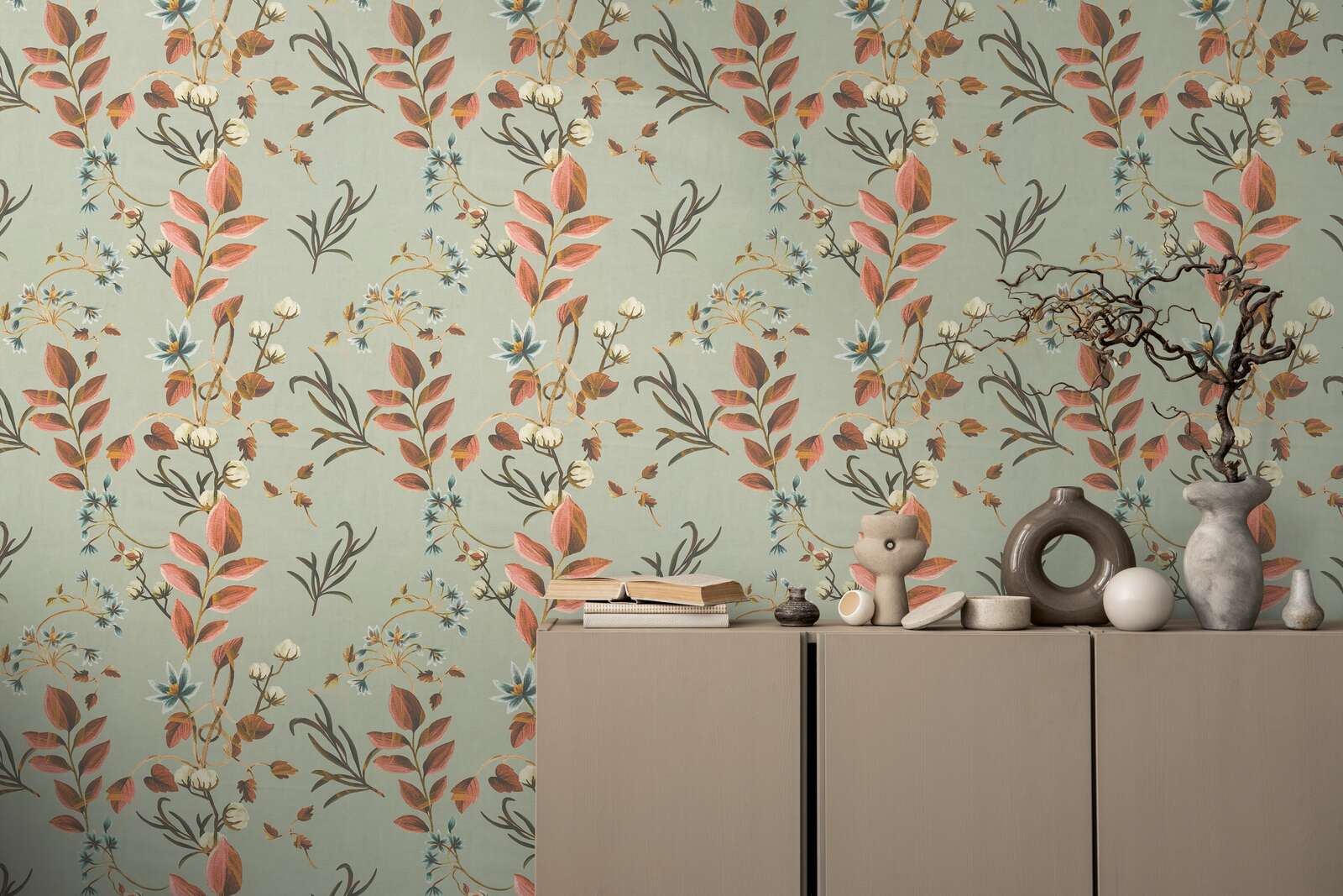             Romantic floral non-woven wallpaper with filigree leaf design, fine surface texture - grey, orange
        