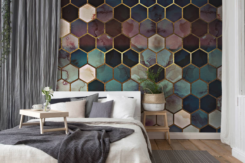  Schlafzimmer, Wandbild, Hexagon Fliesen, Marmormuster, Pflanzen-Deko