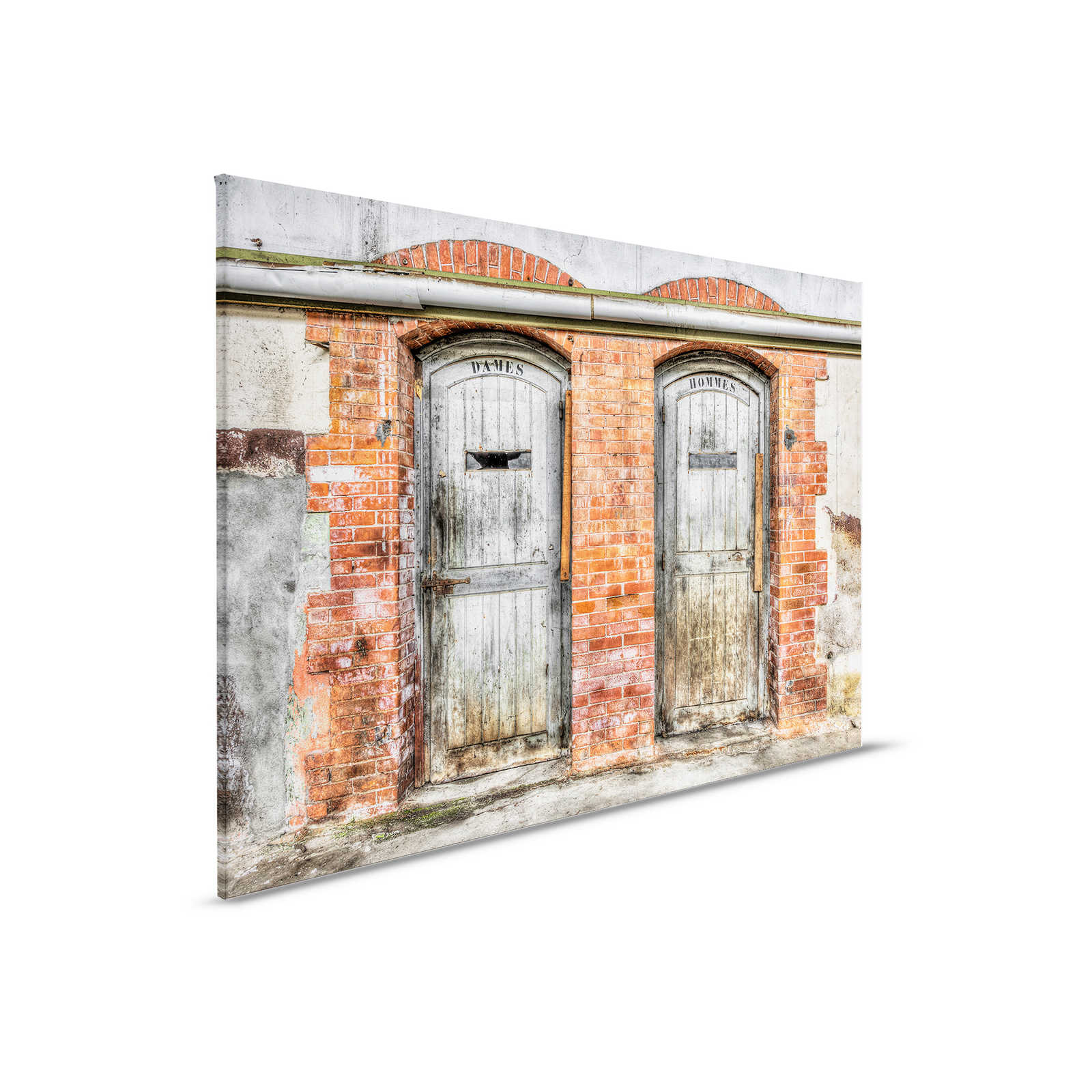         Canvas painting Stone Wall with Vintage Toilet Doors | grey, orange, beige - 0.90 m x 0.60 m
    