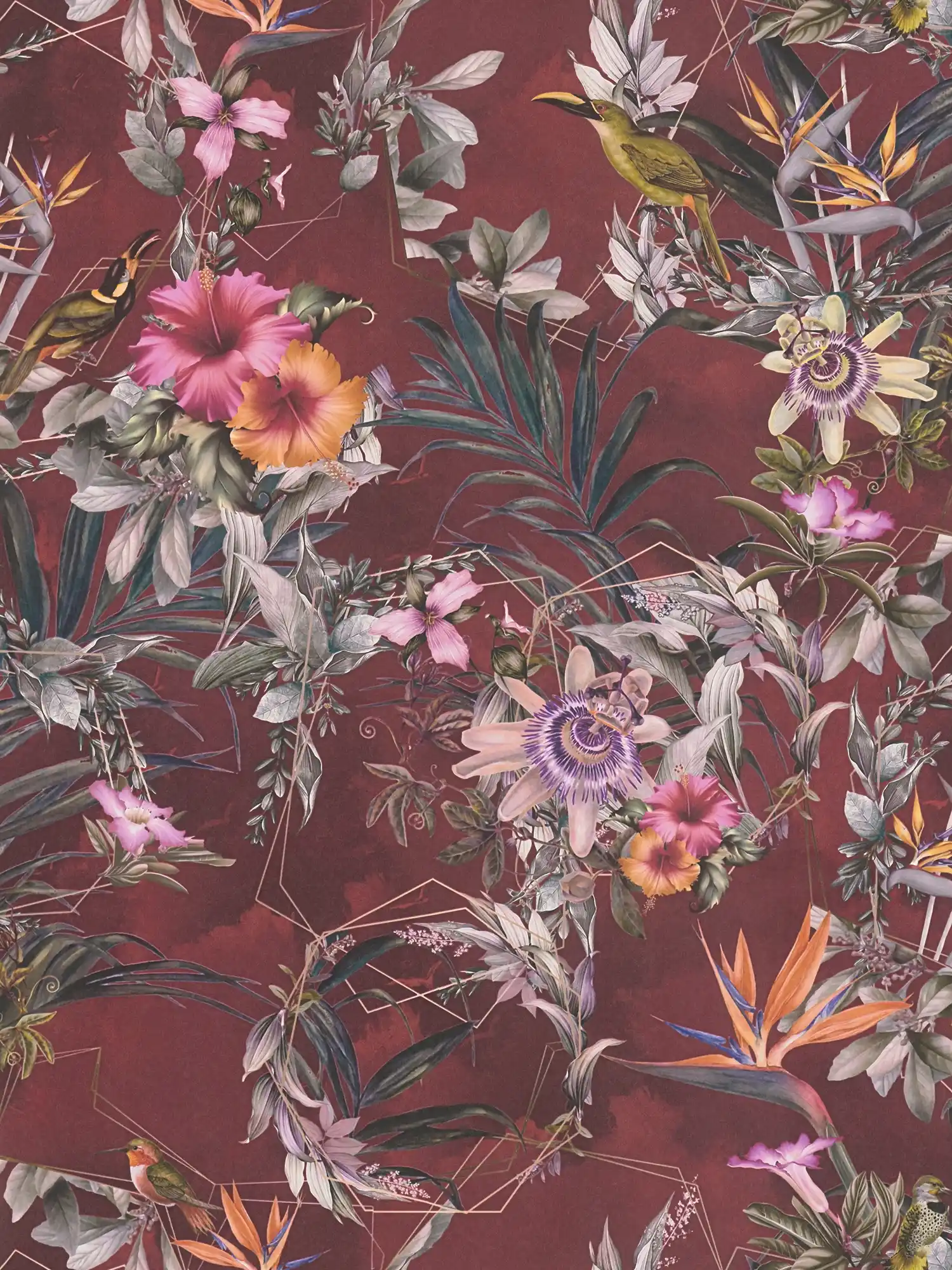Hawaiian style floral wallpaper hibiscus & birds - red, brown, green