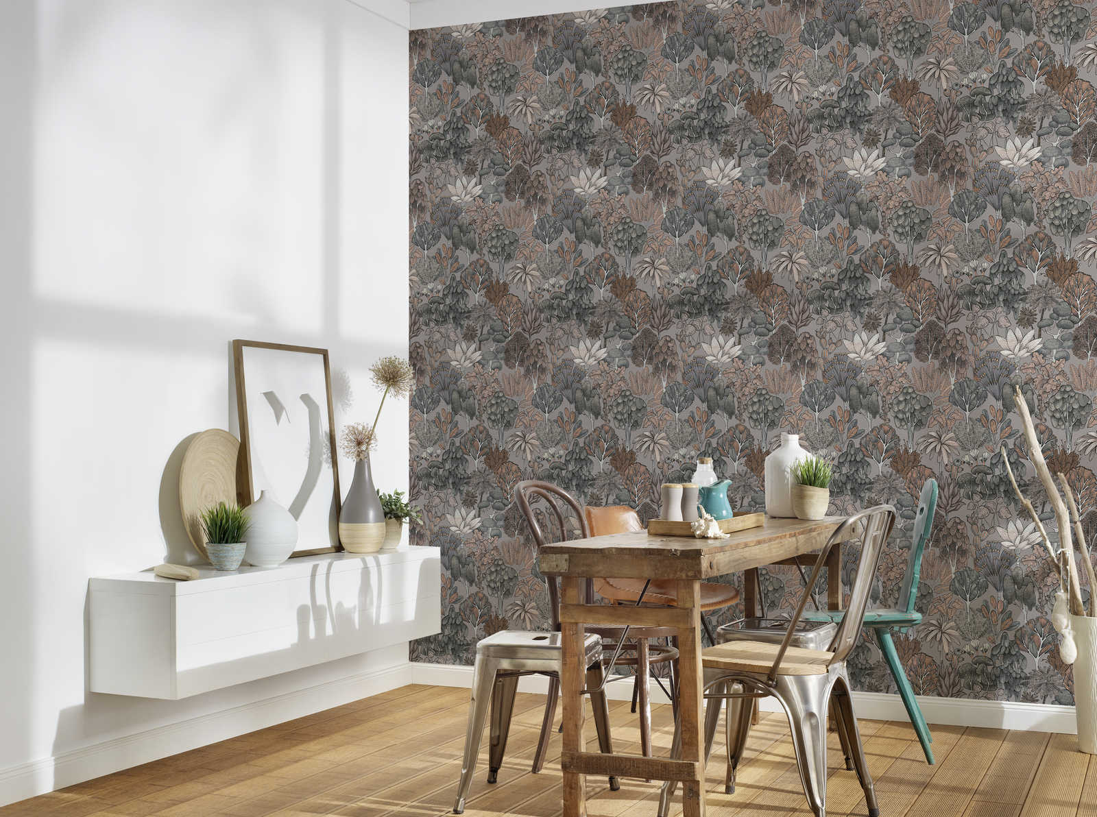             Tapete Grau Beige mit floralem Muster im Doodle Look – Grau, Beige, Orange
        