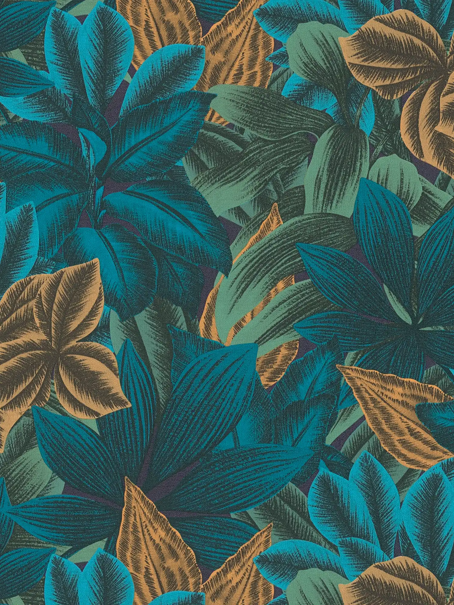         Papier peint intissé floral avec motif de feuilles de jungle - bleu, orange, violet
    